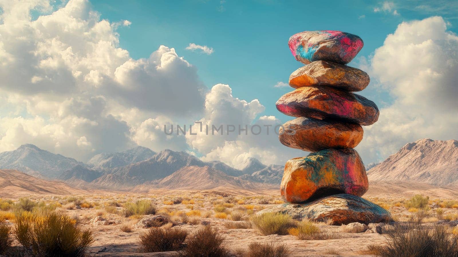 a mountain hill is lined with neatly stacked rounded boulders..