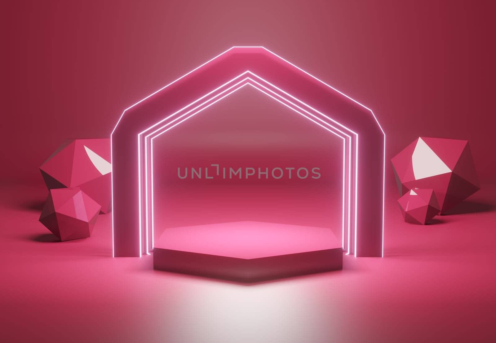 Illuminated pedestal with decoration in magenta, color of the year 2023, mock up template concept, 3d rendering