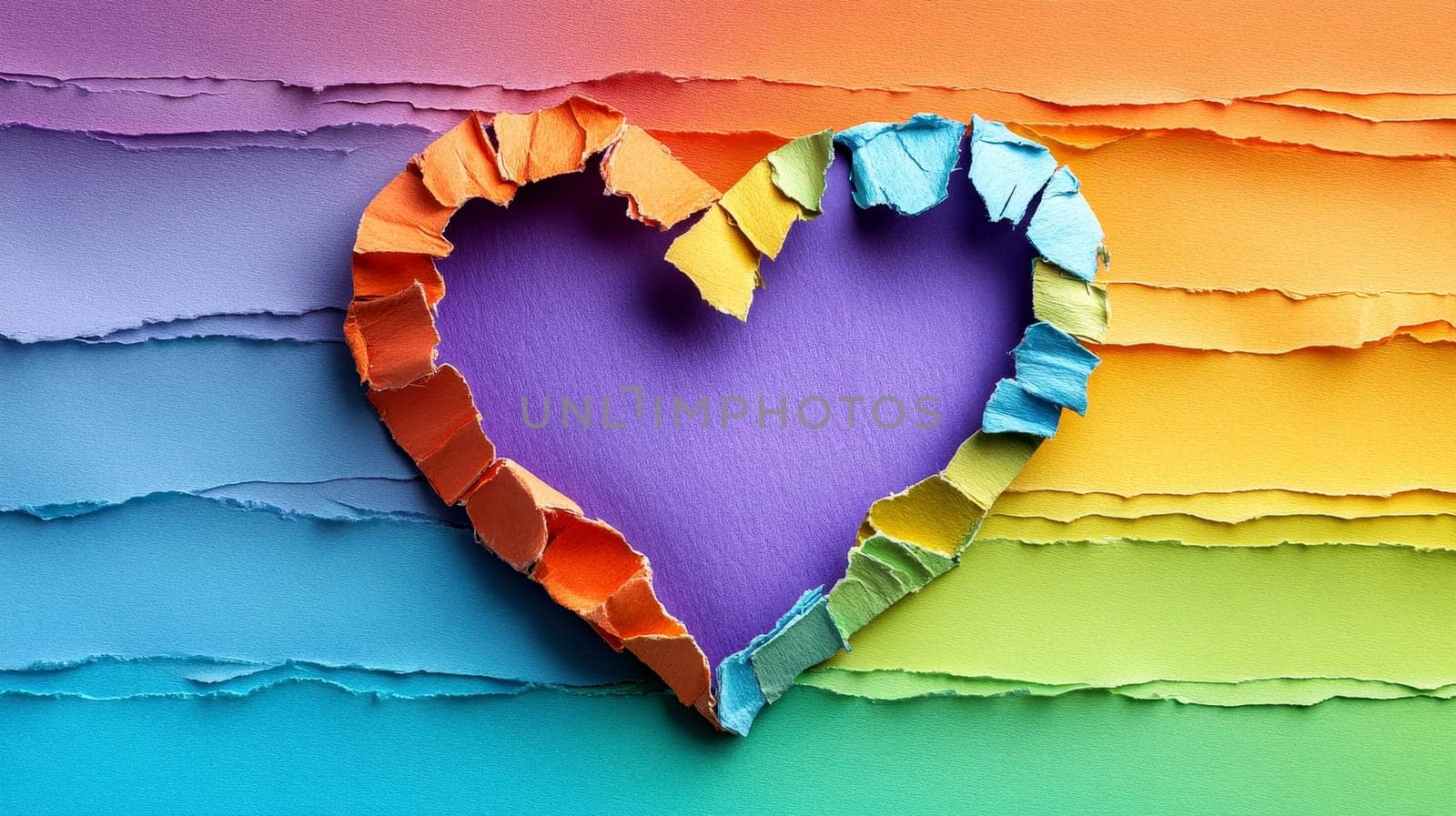 a rainbow heart shape made from torn paper. The heart is rainbow color. The flag is made of paper and has a rainbow pattern..