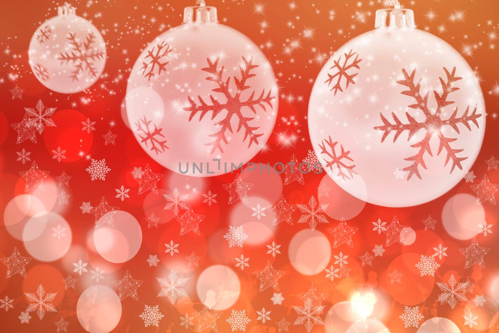 Abstract blurred festive winter christmas or Happy New Year background with shiny red and pink bokeh lighted xmas balls and stars. Space for your design. Card concept.