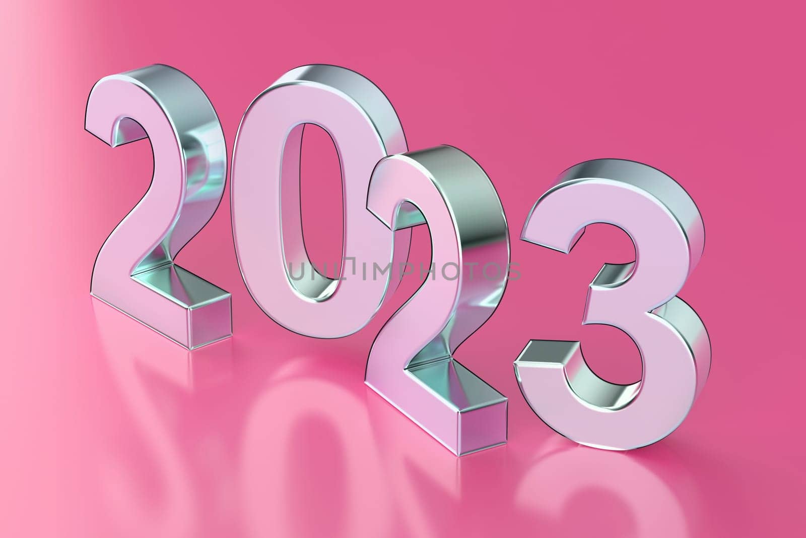 Happy New Year 2023, metal numbers on shiny pink background