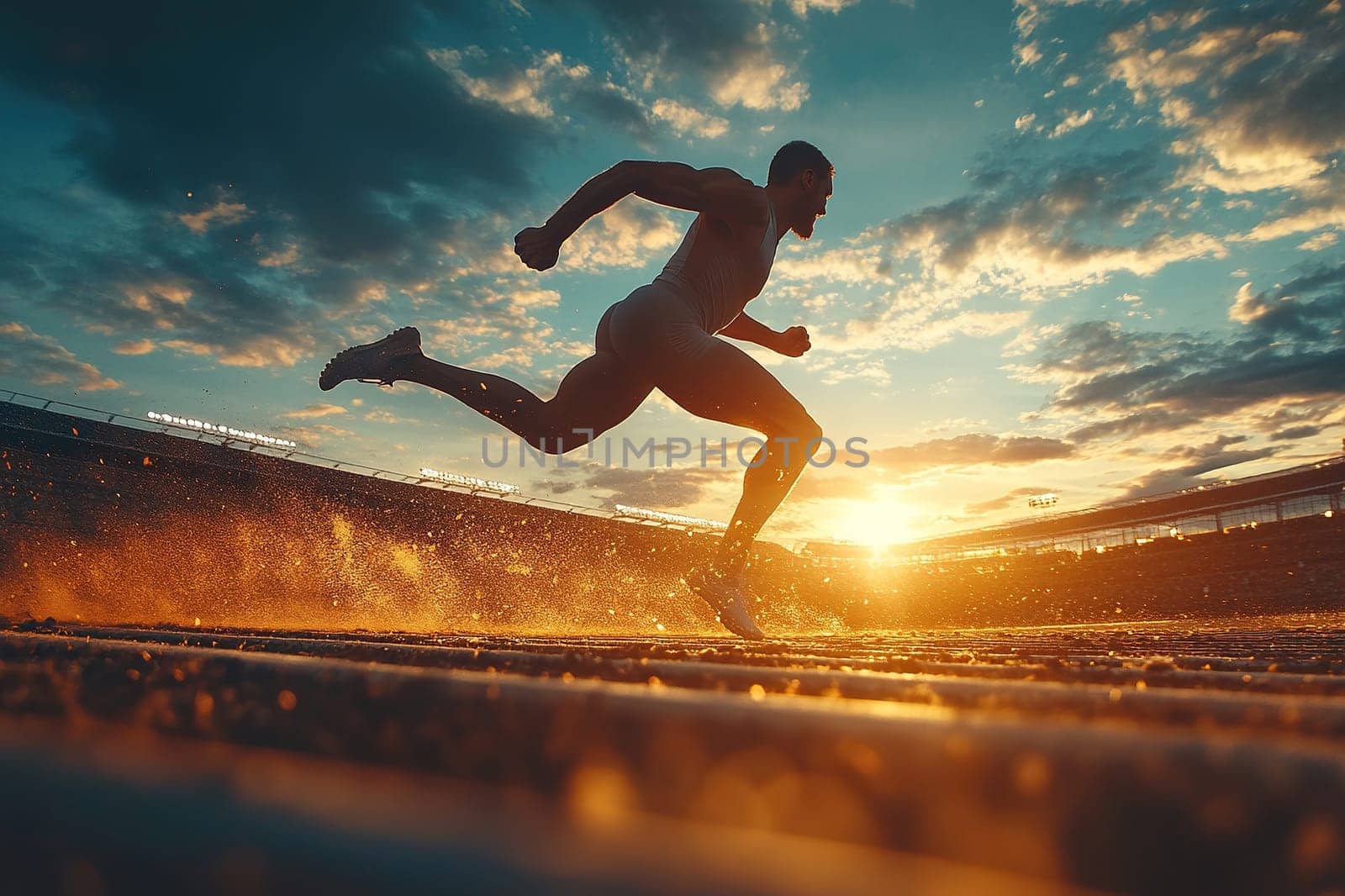 Male athlete running on stadium putting in great effort on bokeh background in evening. Concept of sport, competition.