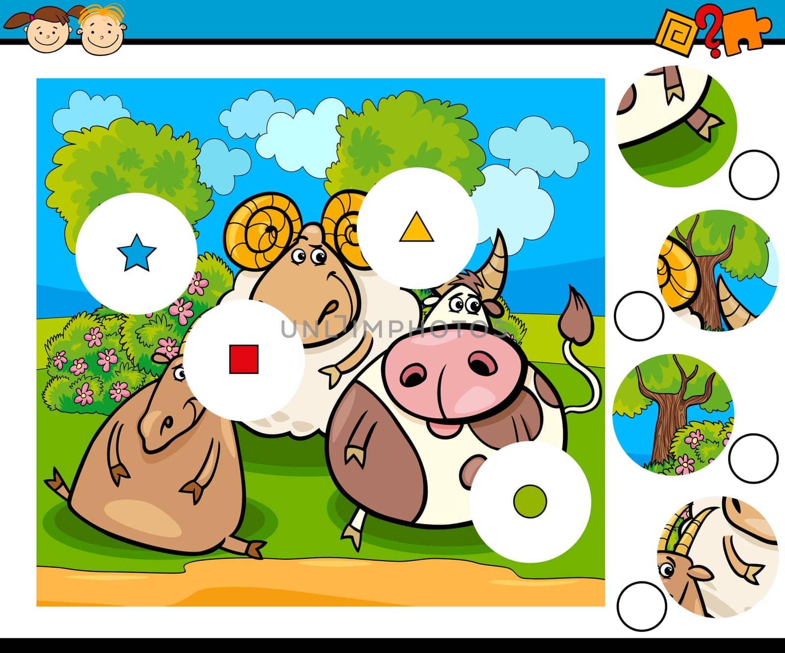 Cartoon Illustration of Match the Pieces Educational Game for Preschool Children