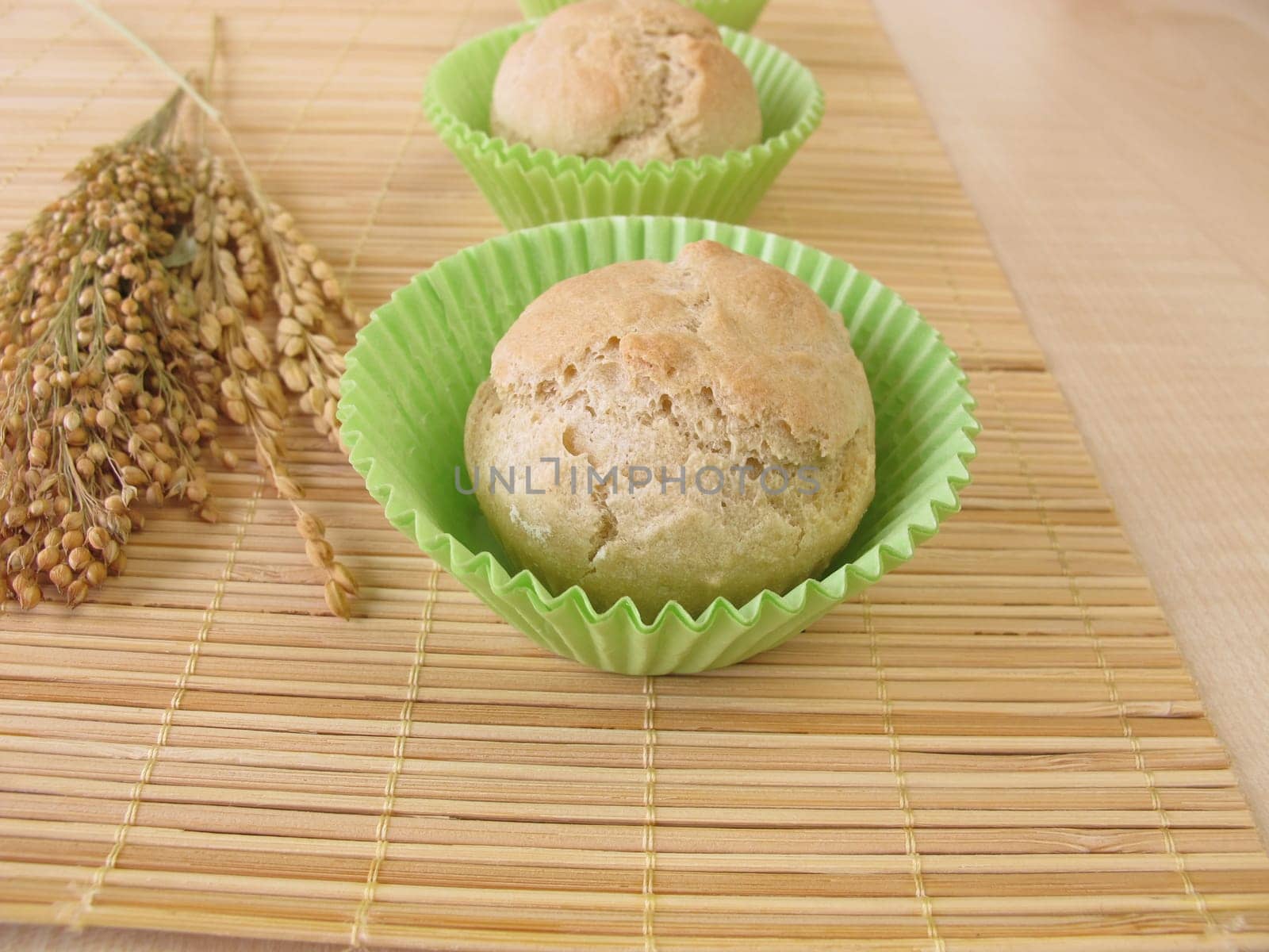 Freshly baked buns muffins made from spelt,millet and rice