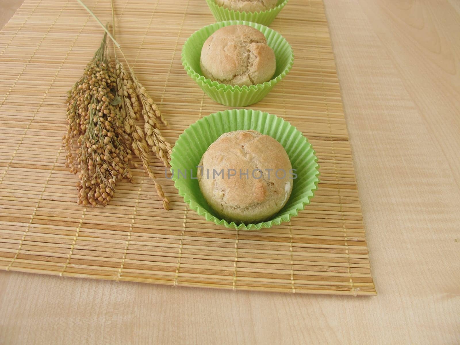 Freshly baked buns muffins made from spelt,millet and rice