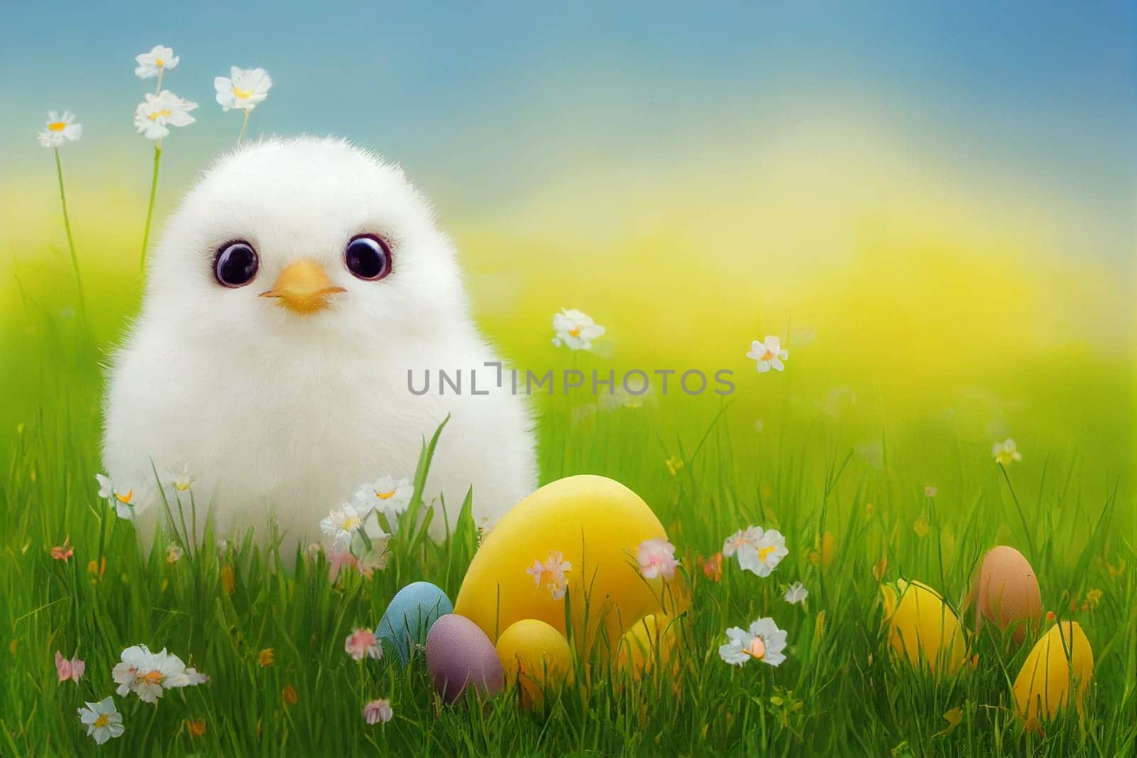 Easter chick, spring meadow with colorful eggs and flowers, holiday greeting card