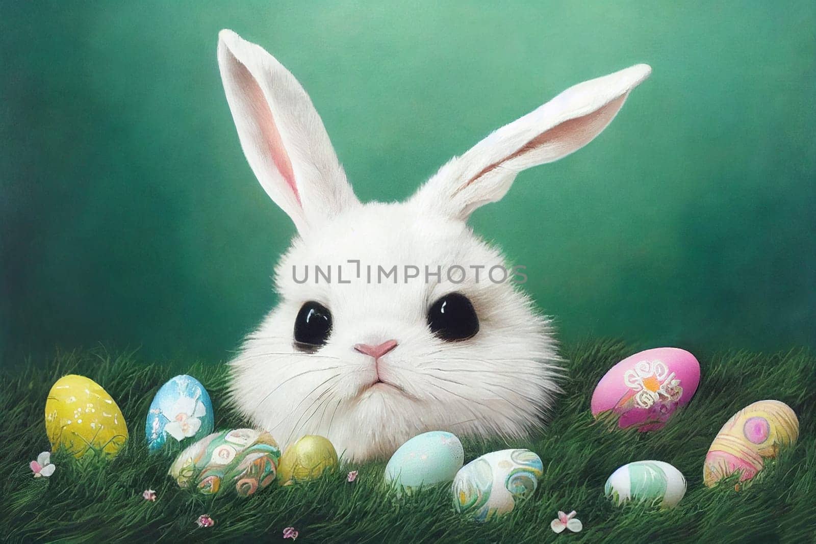 Easter bunny or rabbit, spring meadow with colorful eggs in a nest and flowers, holiday greeting card, illustration