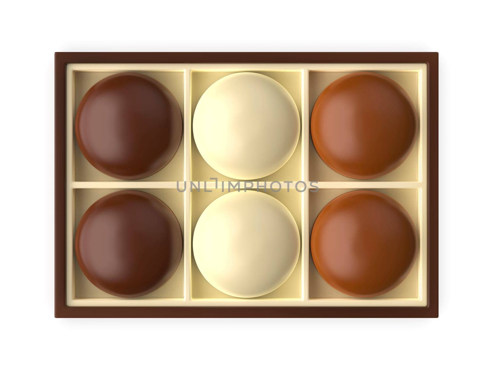 Box with different chocolate coated marshmallows, top view