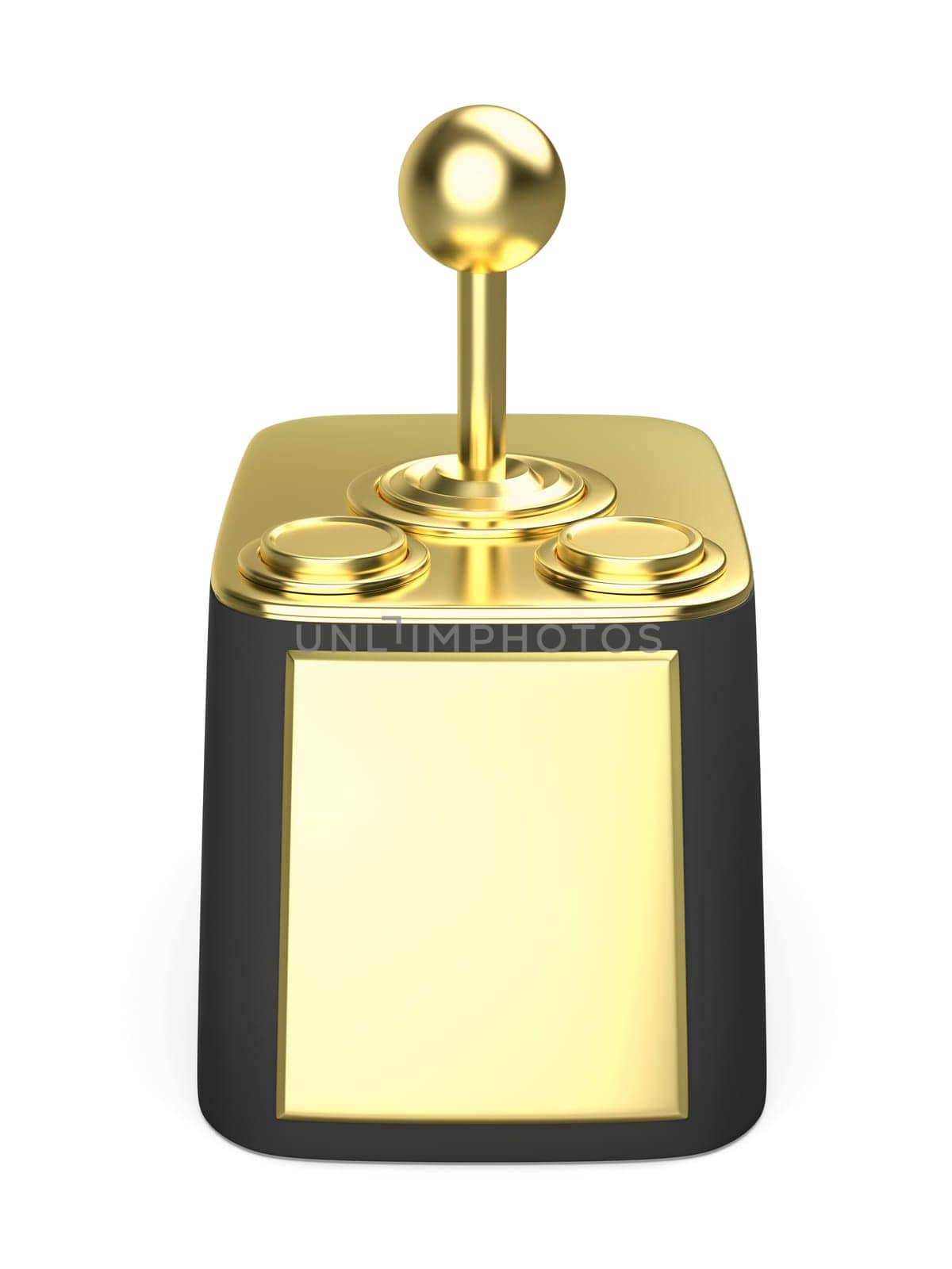 Gold computer joystick trophy on white background, front view