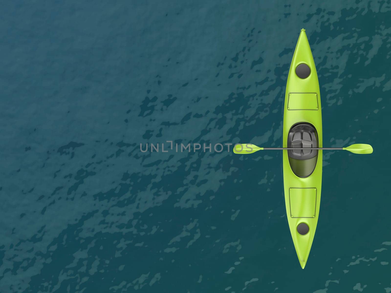 Empty green kayak on water, top view