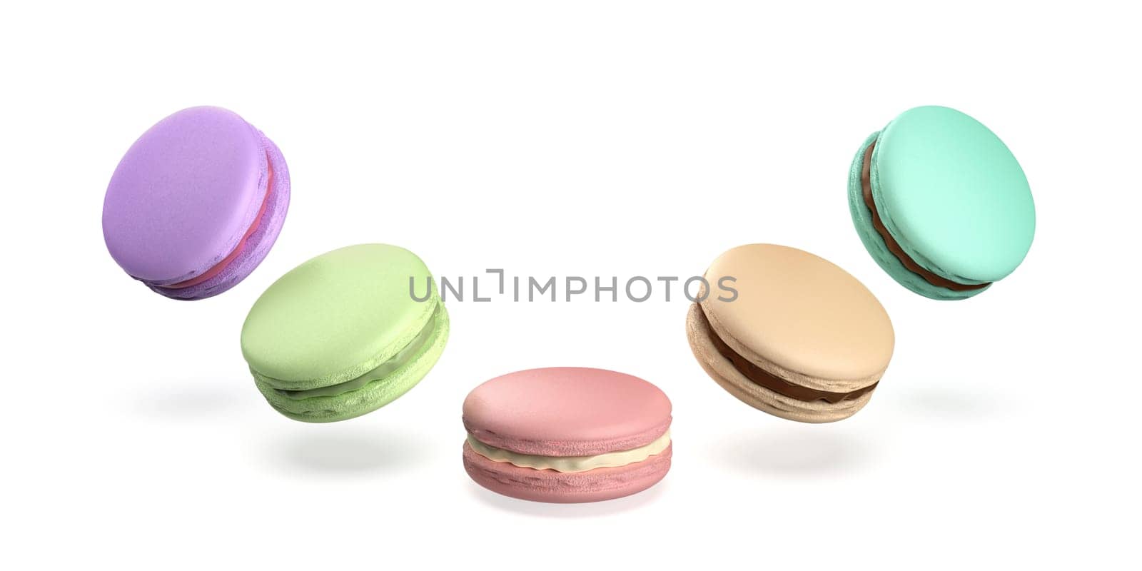 French macarons with different colors and flavors on white background