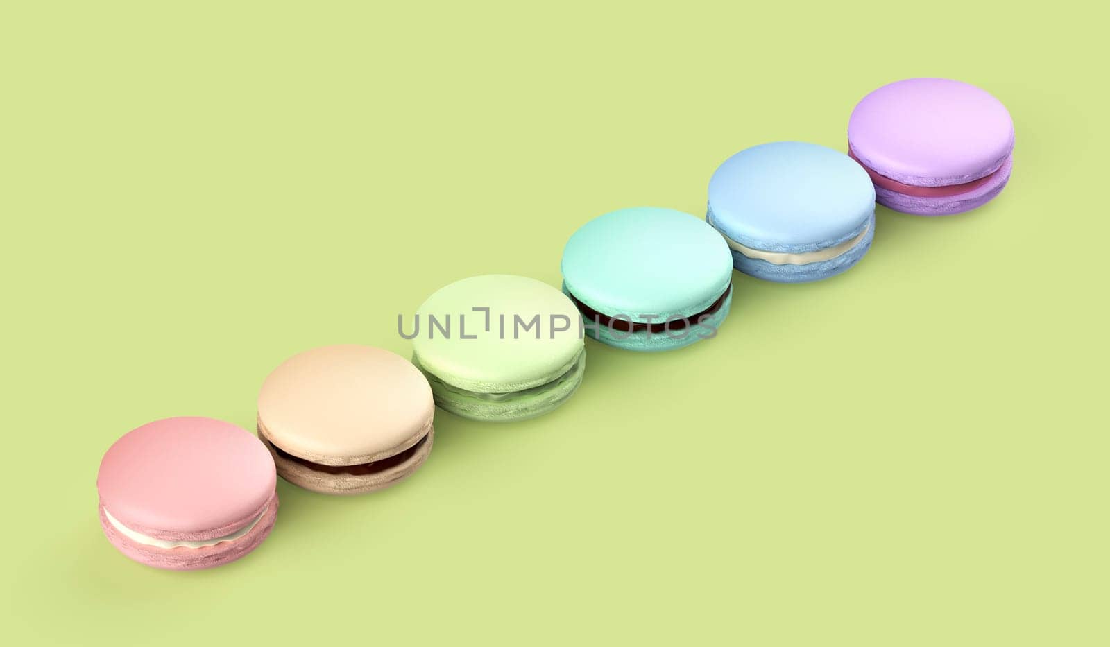 Six french macarons with different colors and flavors on green background