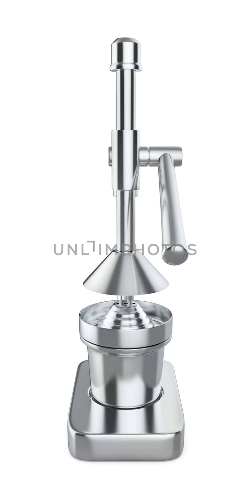 Front view of stainless steel citrus juicer on white background