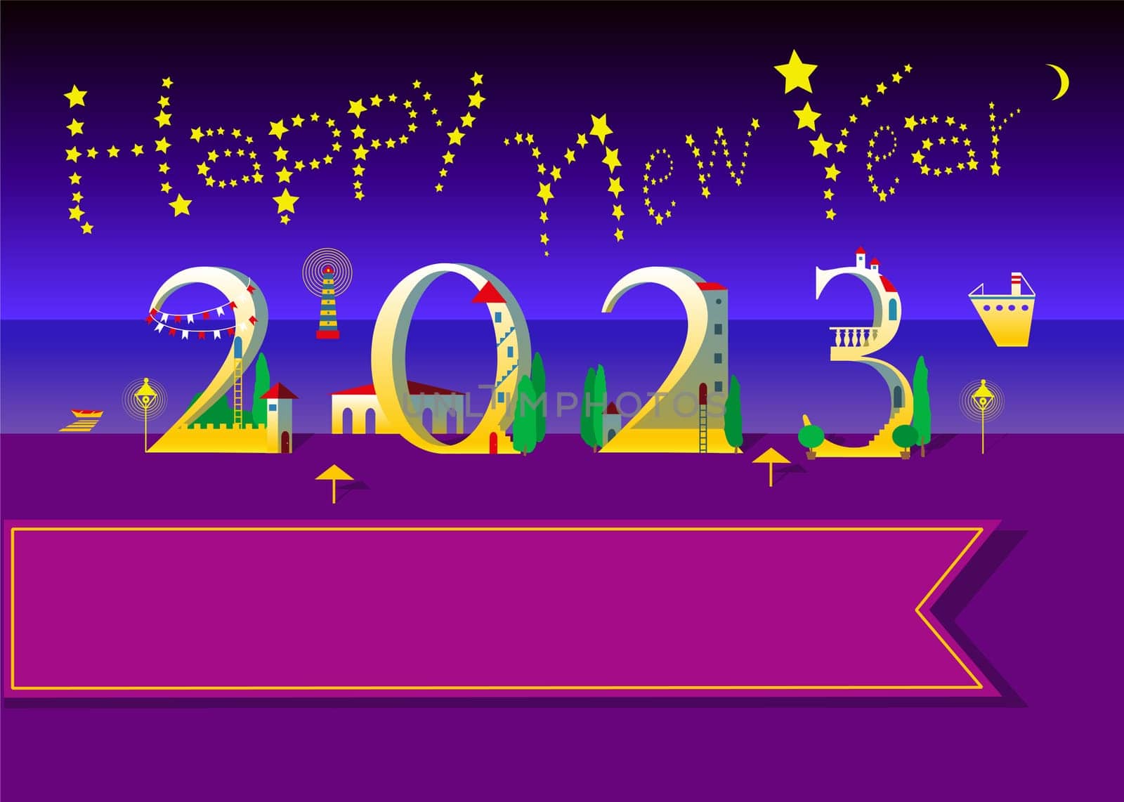 Night beach inscription - Happy New Year 2023. Yellow text is as stars in the sky. Number is as white houses with yellow lighting, red doors, roofs and green trees. Sea and beach background. Big banner for custom text.