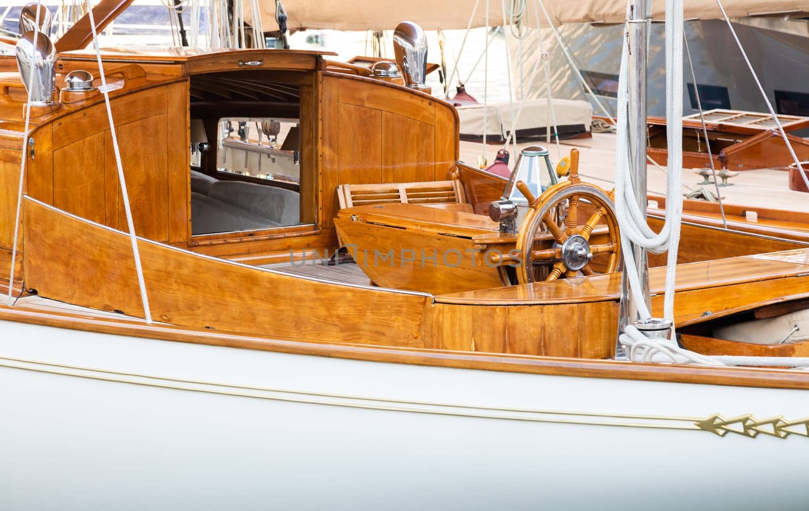 Luxury yacht. Comfortable expensive wooden design and furniture for holiday recreation tourism or travel and wealth concept