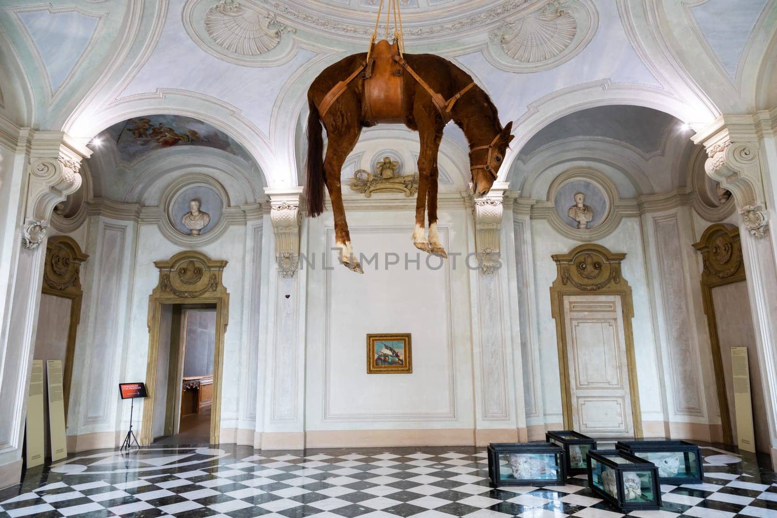 Rivoli, Italy - June 2022: Maurizio Cattelan provocative contemporary art - Novecento
