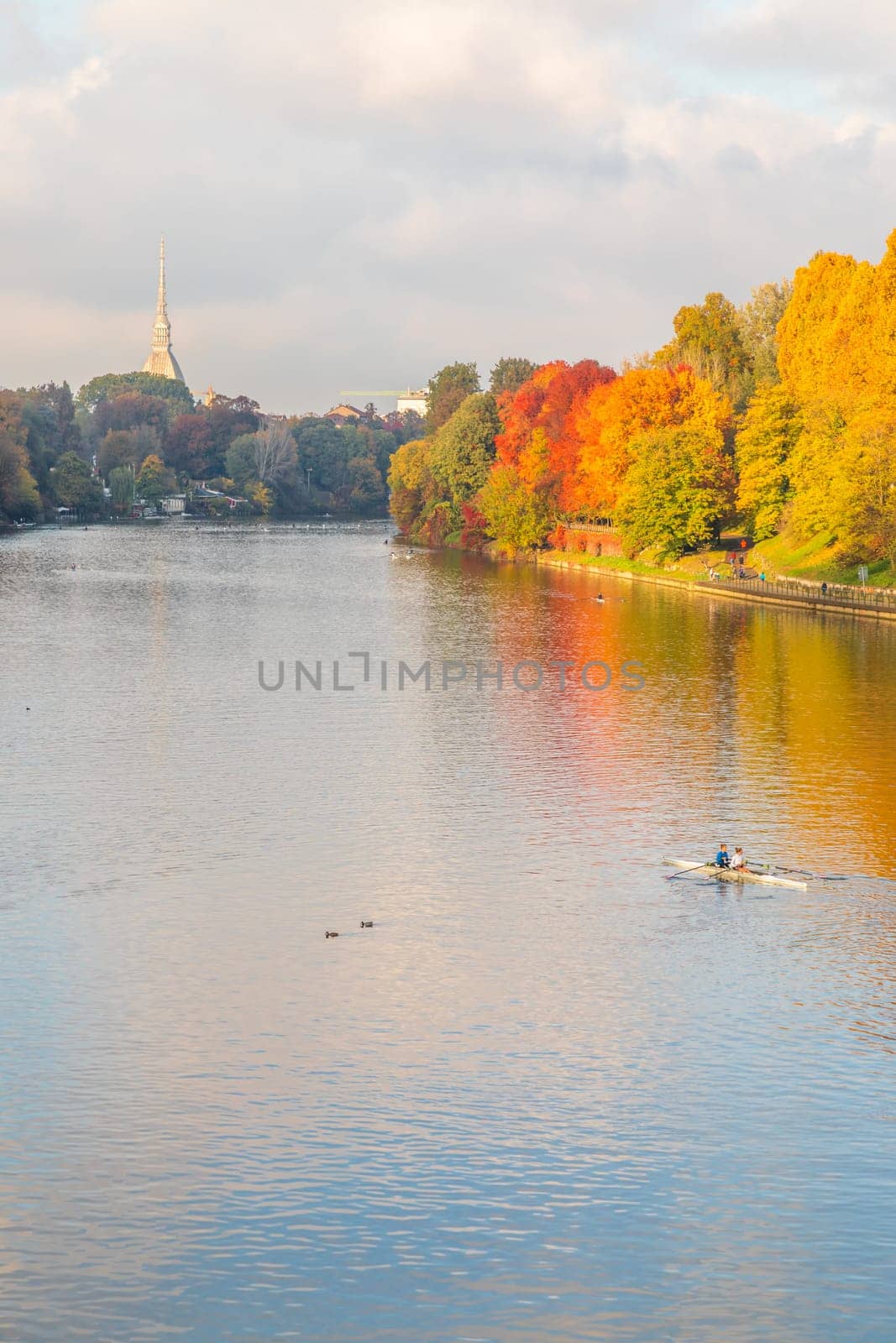 Turin, Piedmont Region, Italy - Circa November 2021: landscape in autumn with Po' river and blue sky.
