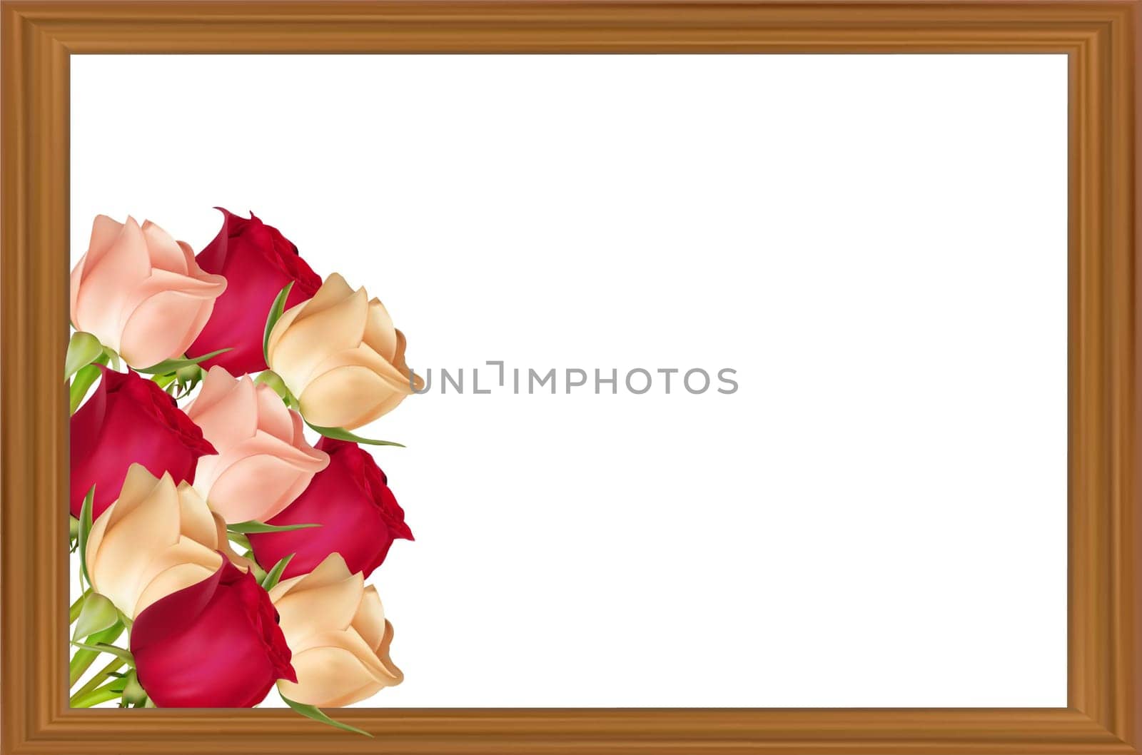 Pink, red and white roses in a wooden frame on a white background with copy space. Concept of mother's day, valentine's day, women's day. Vector image.