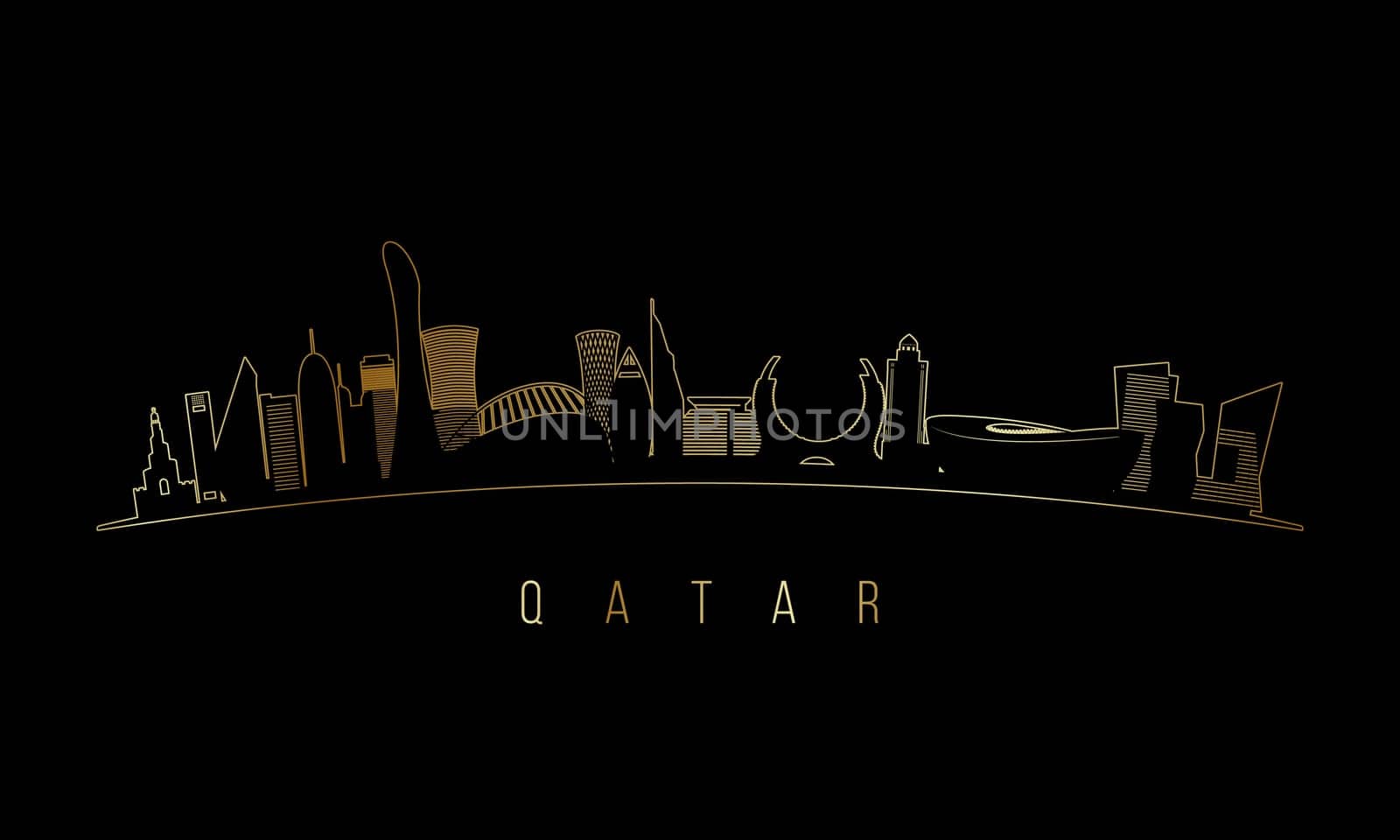 Golden Qatar skyline silhouette. Qatar architecture. Golden cityscape with landmarks. Business travel concept.