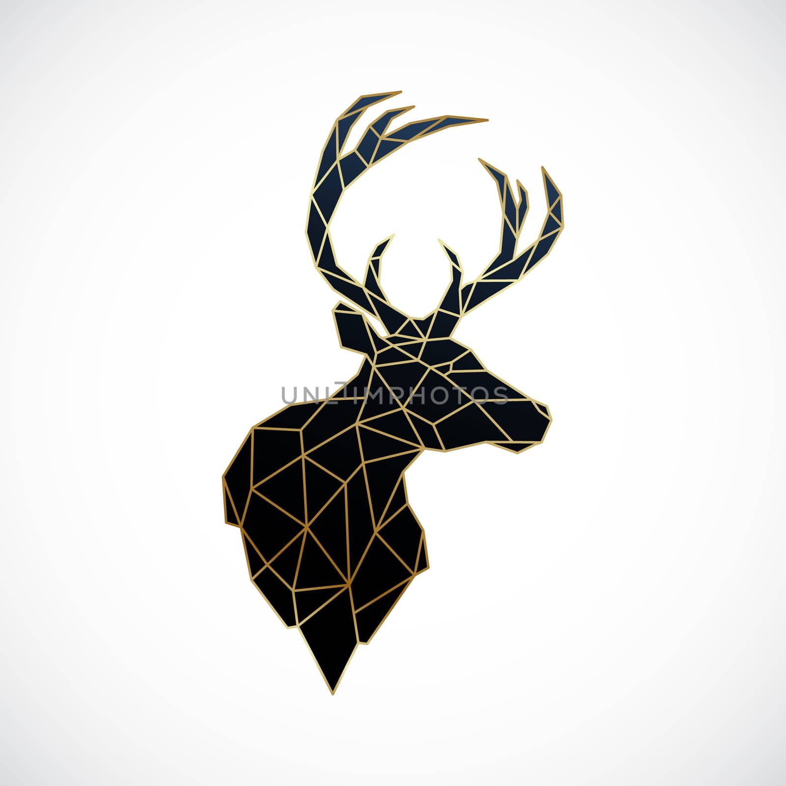 Portrait of majestic forest deer. Golden deer head. Reindeer looking to the side. Low poly style.