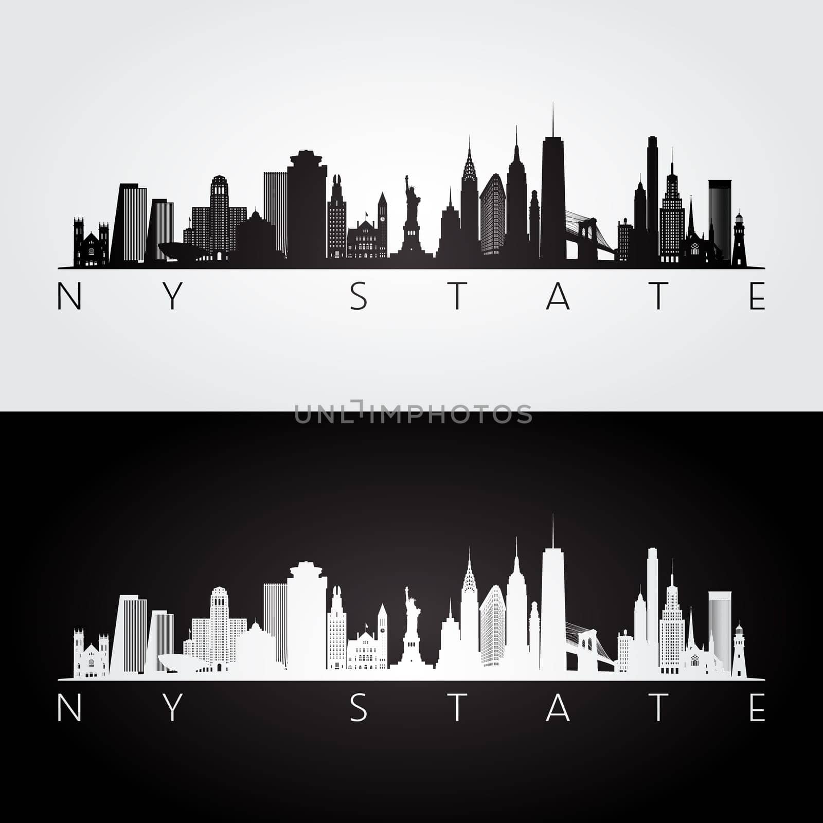 New York state skyline and landmarks silhouette, black and white design. Vector illustration.