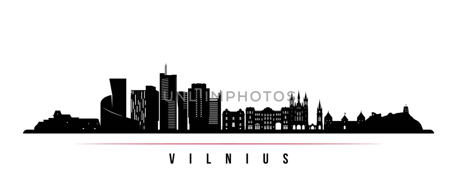 Vilnius skyline horizontal banner. Black and white silhouette of Vilnius, Lithuania. Vector template for your design.