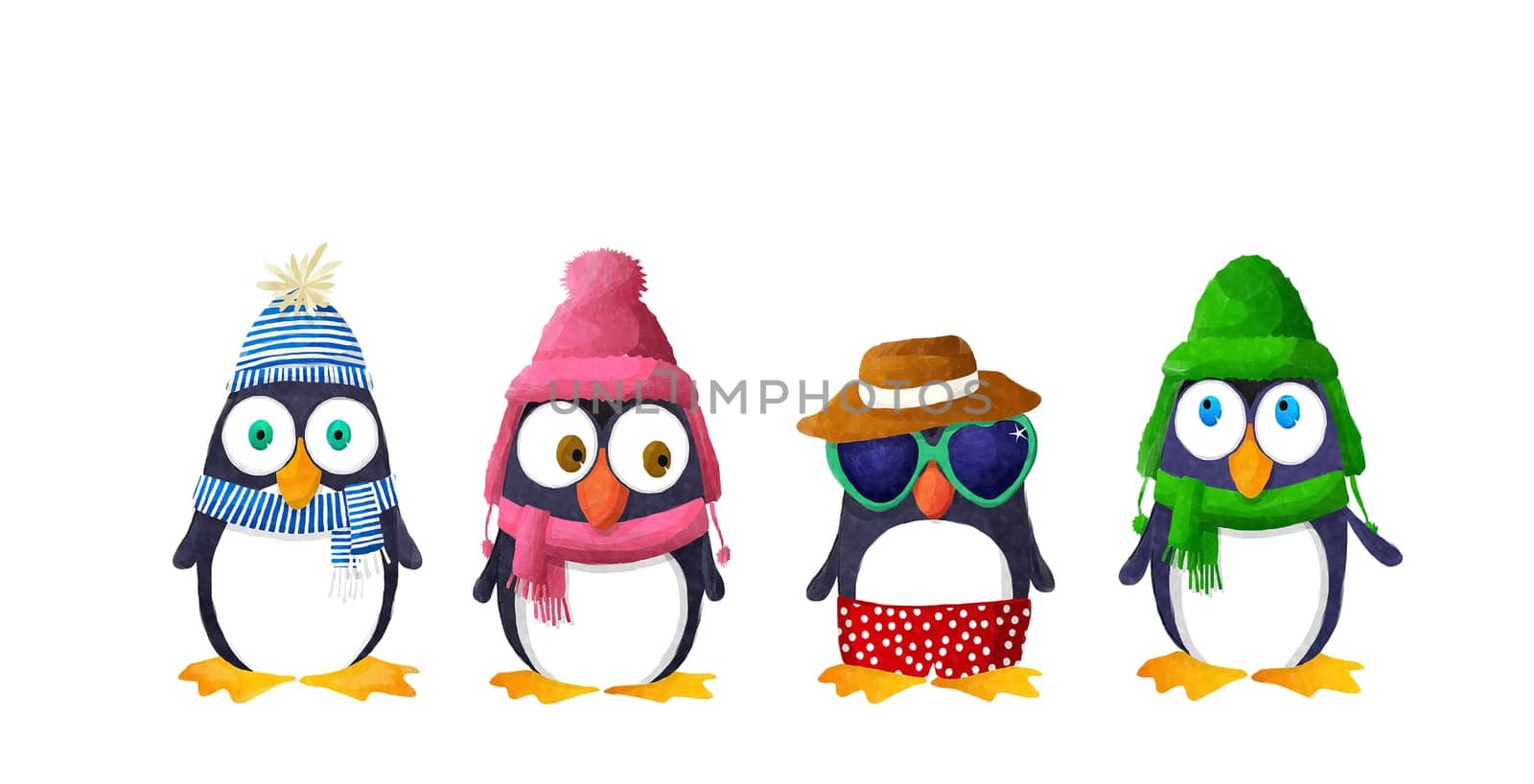 Cute penguings all dressed up, isolated on white