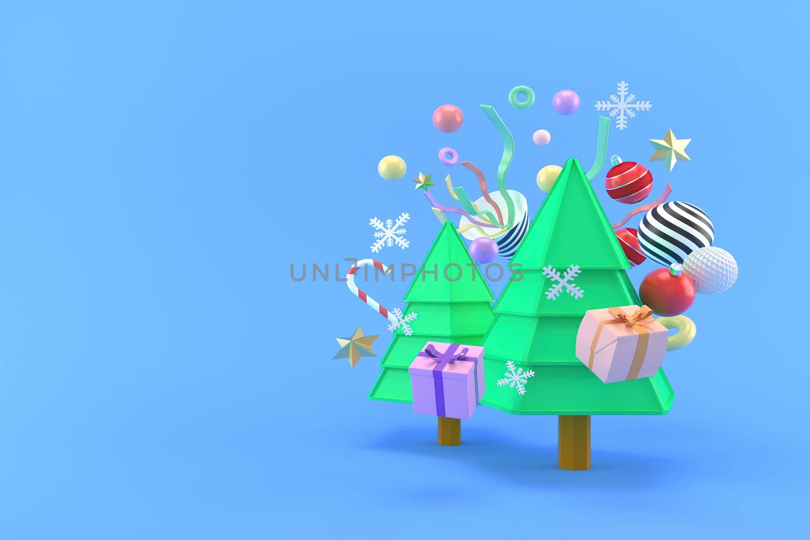3d illustration of gift boxes and trees for new year and christmas holidays