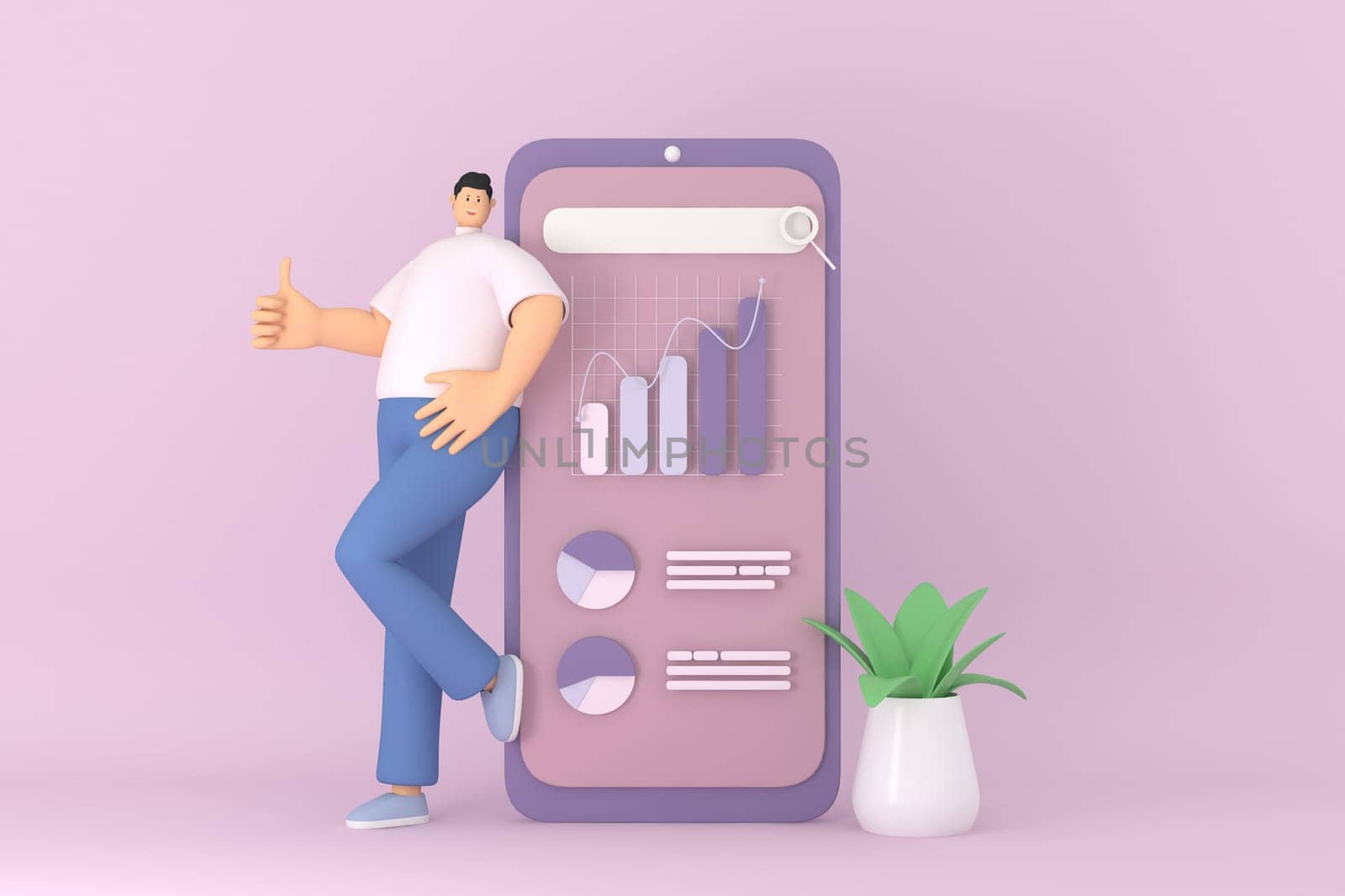 A male character leaning on phone. The infographic presentation on mobile screen. 3d rendering of business models