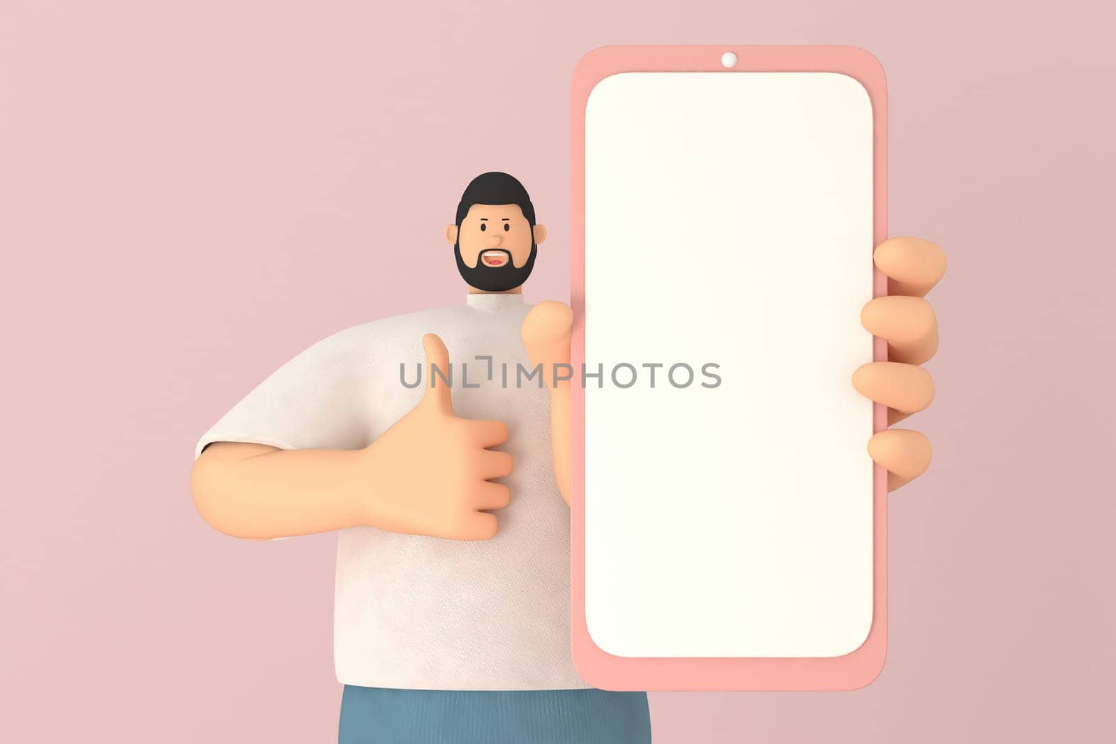 A male character presentation   on the mobile white screen. 3d rendering of business models. Includes paths at the screen surface.