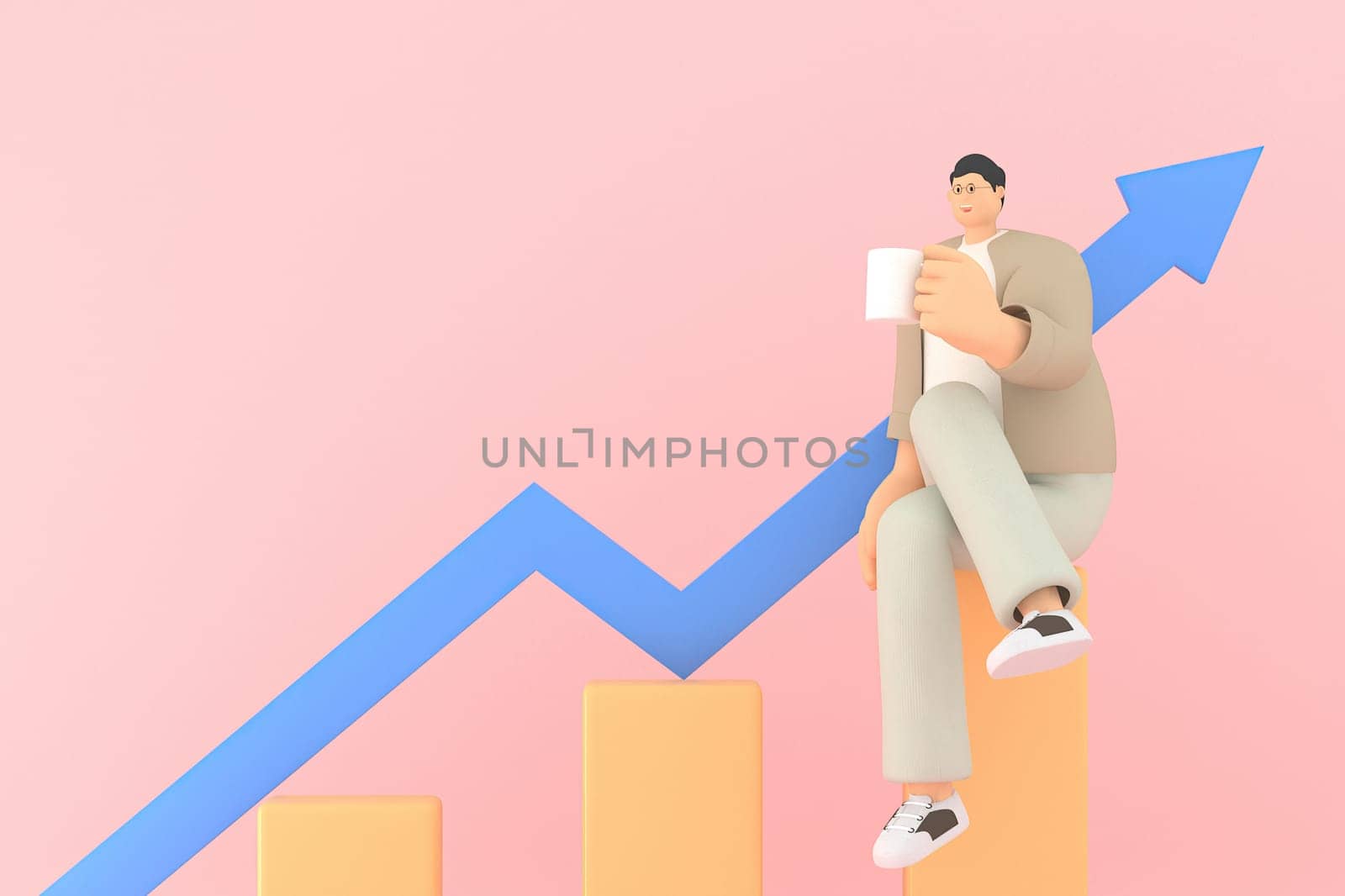 A man character siting  with The graph shows the stock up.  3d rendering of business models.