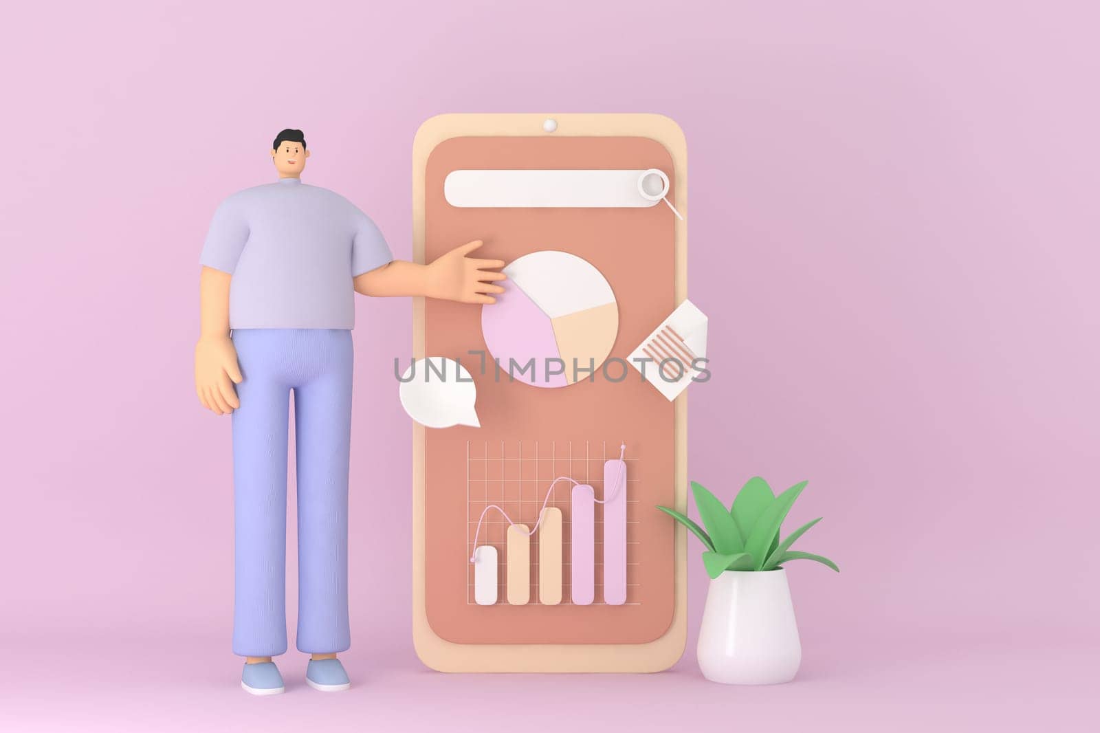 A male character presentation  the infographic on mobile screen. 3d rendering of business models