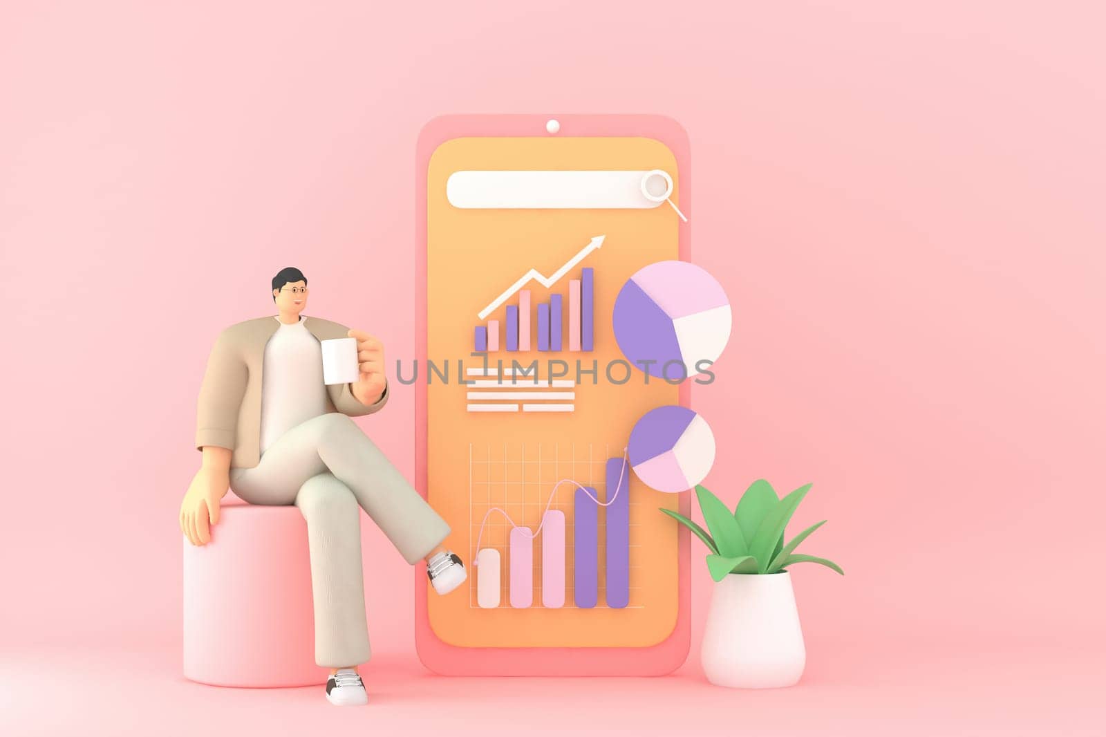 A male character presentation  the infographic on mobile screen. 3d rendering of business models