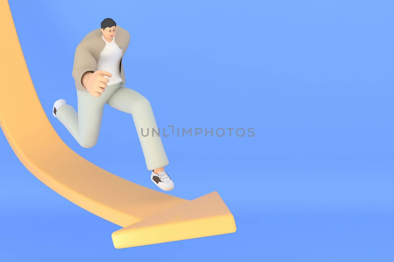 A man characte run along the arrow. 3d rendering of business models.