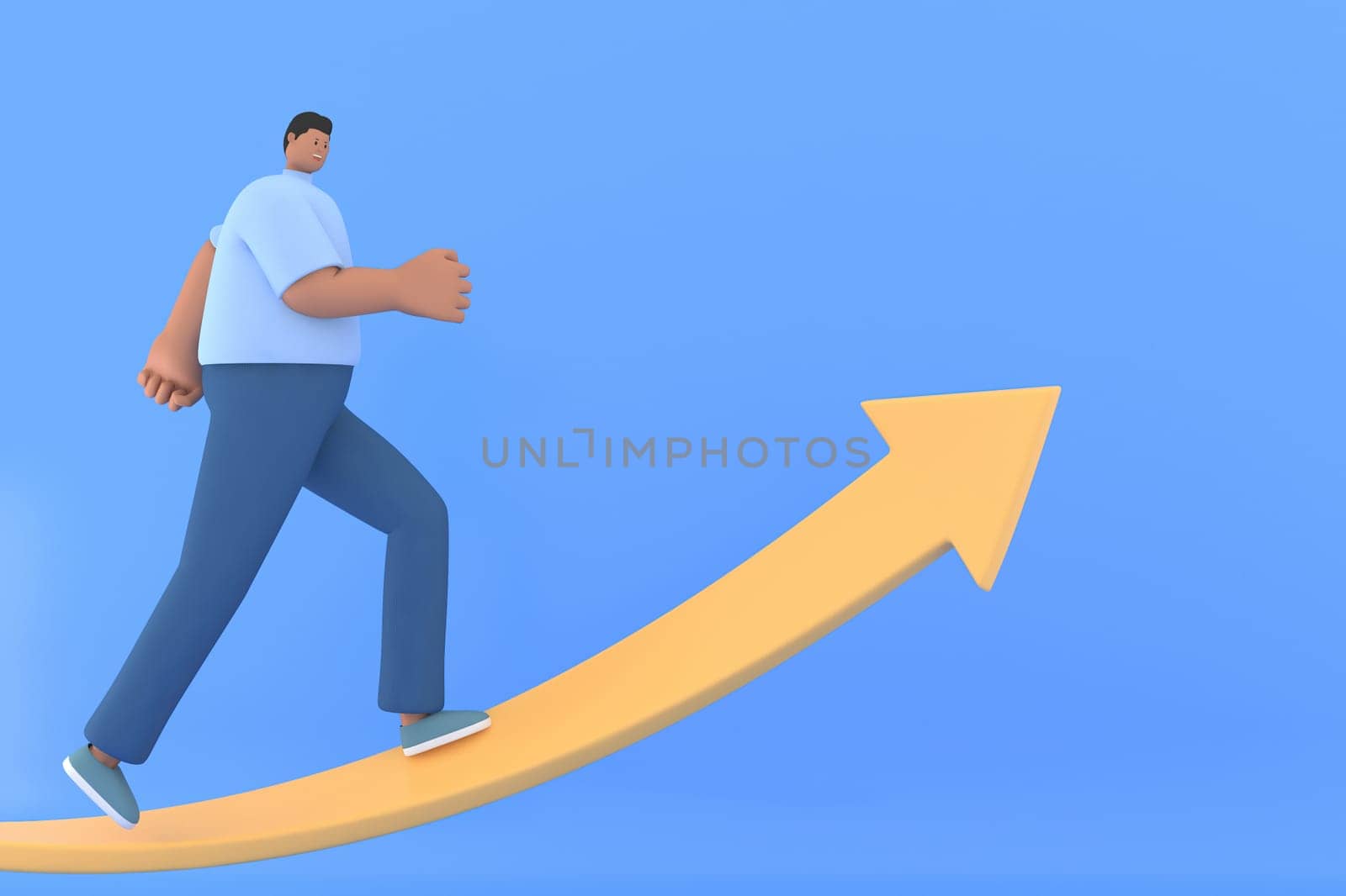 A man characte run along the arrow. 3d rendering of business models.