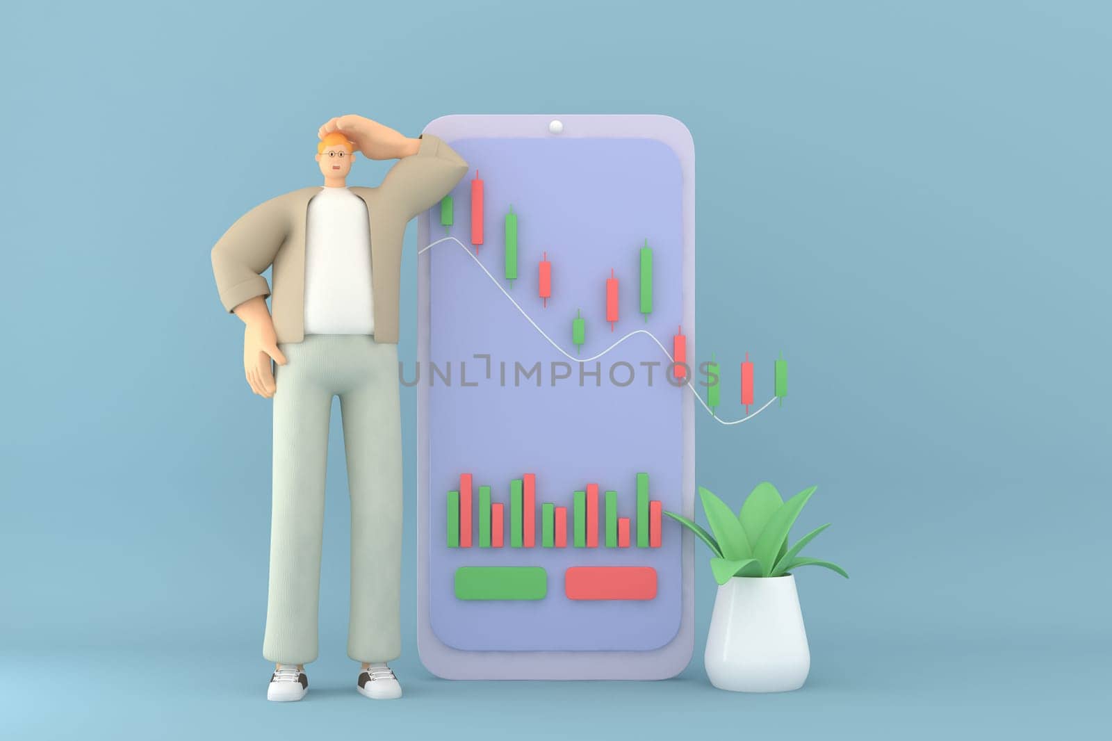 A male character presentation  the infographic on mobile screen. 3d rendering of business models