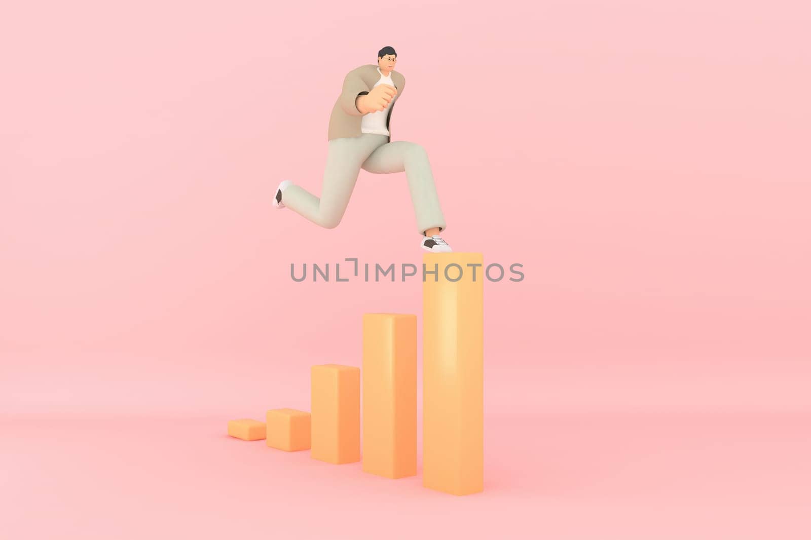 A man character running with The graph shows the stock up. 3d rendering of business models.
