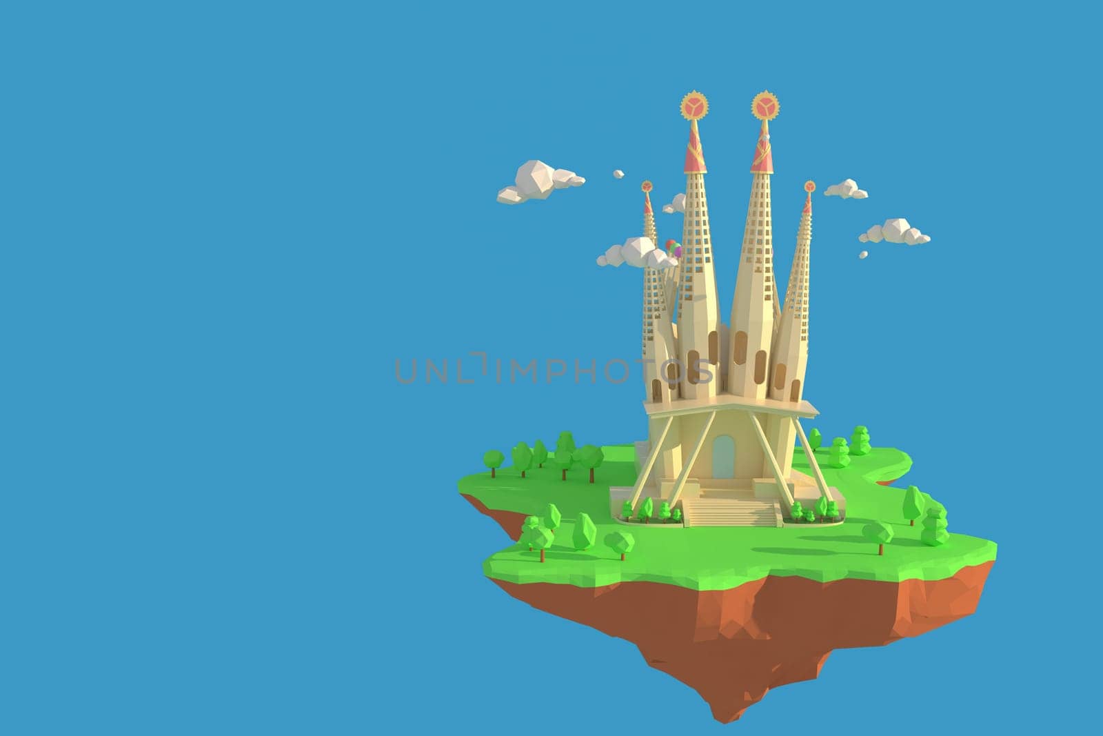 3D illustrator Basilica De La Sagrada Familia in Spain. 3d rendering Low Polygon Geometry Background. Abstract Polygonal Geometric Shape. Lowpoly Minimal Style Art.