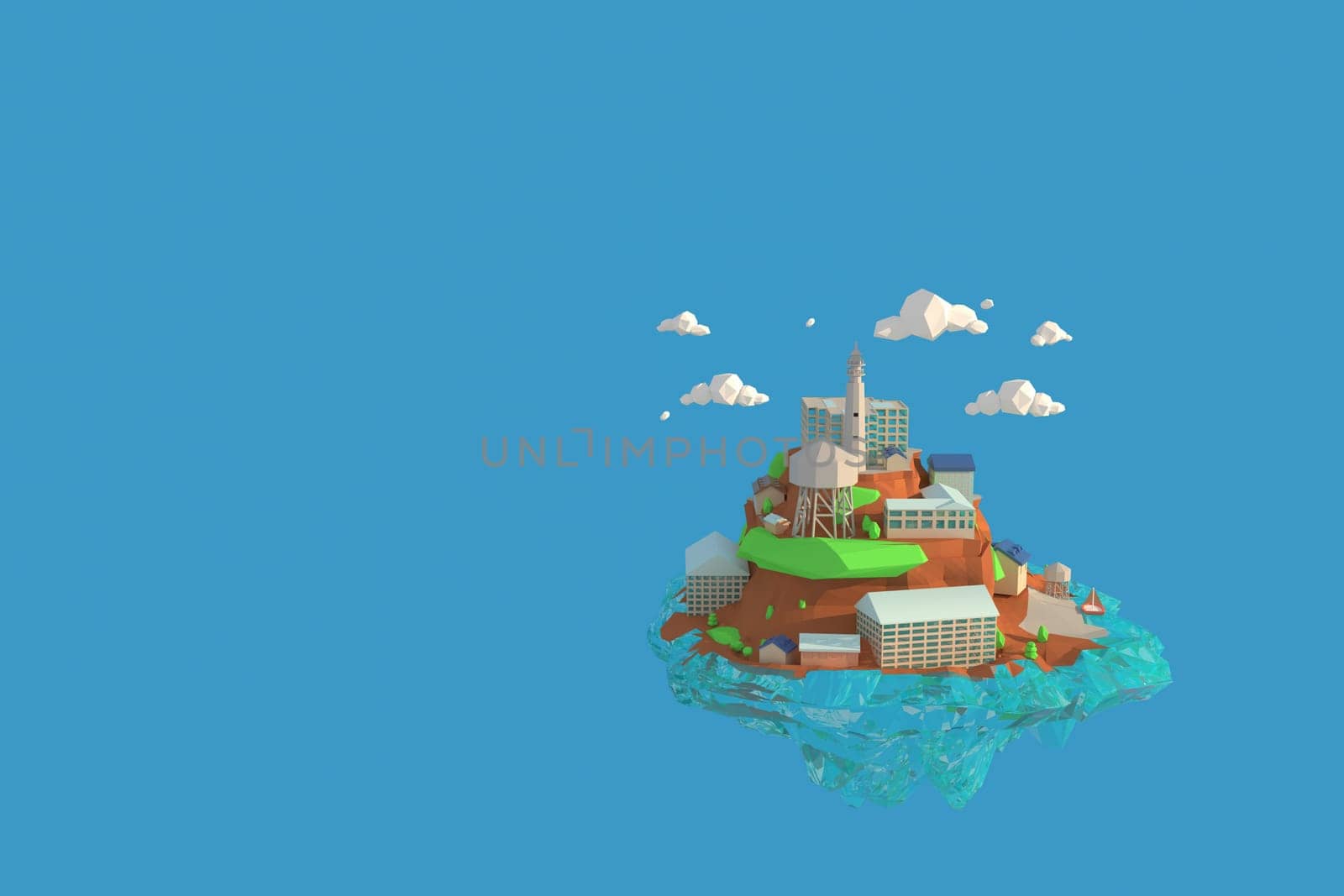 3D illustrator Alcatraz Island in  USA. 3d rendering Low Polygon Geometry Background. Abstract Polygonal Geometric Shape. Lowpoly Minimal Style Art.