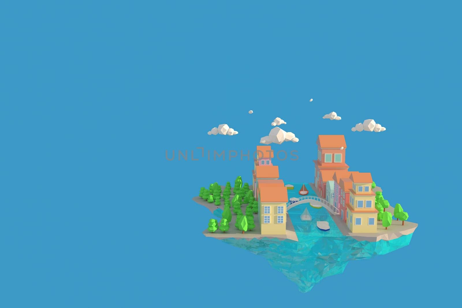 3D illustrator Venice in Italy. 3d rendering Low Polygon Geometry Background. Abstract Polygonal Geometric Shape. Lowpoly Minimal Style Art.