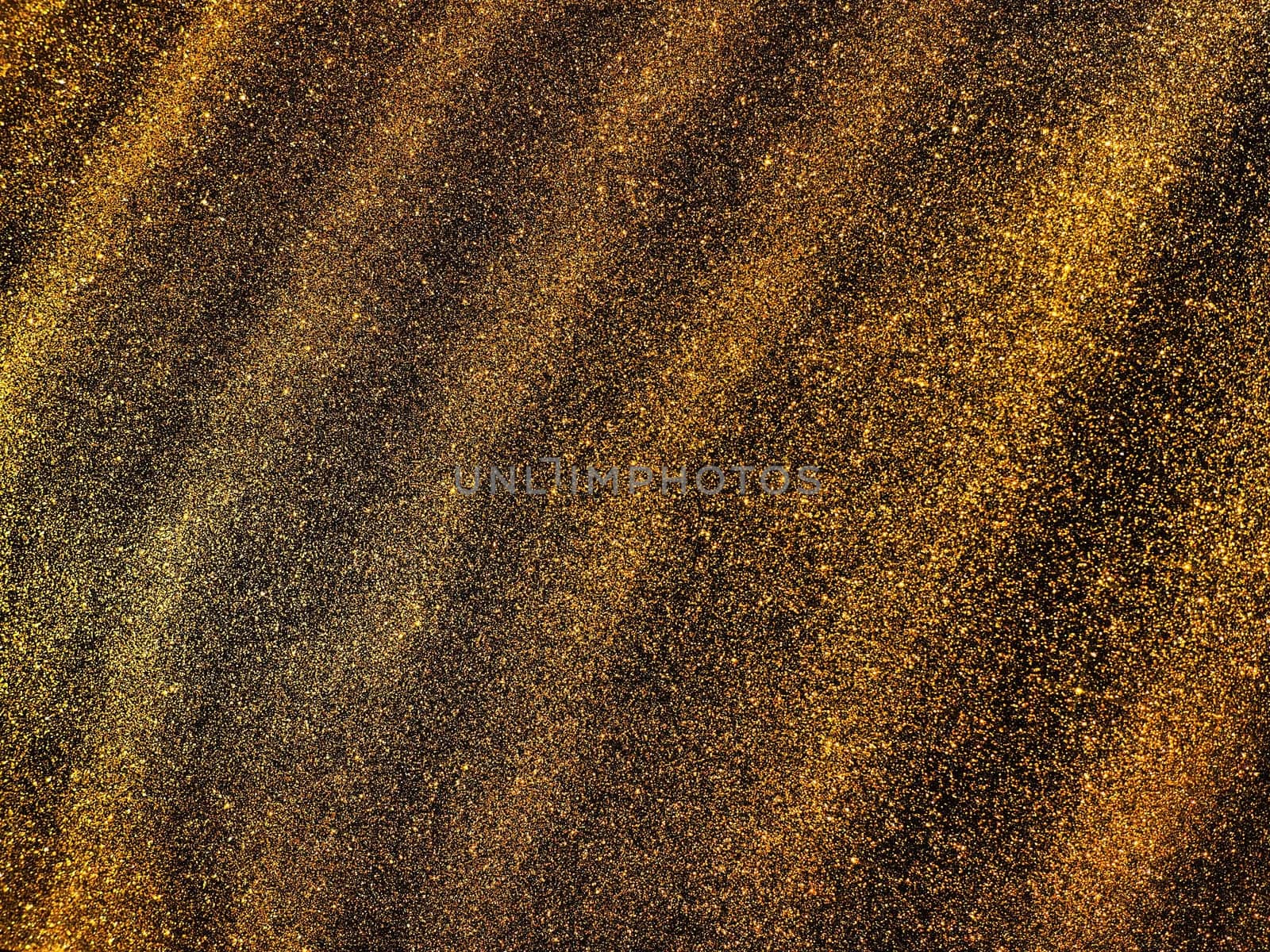 Bokeh light of gold glitters. Golden glitter texture background. Sparkling glitter wrapping paper with sequins and sparkles. Festive golden bokeh and glitter. Diagonal stripes and waves.