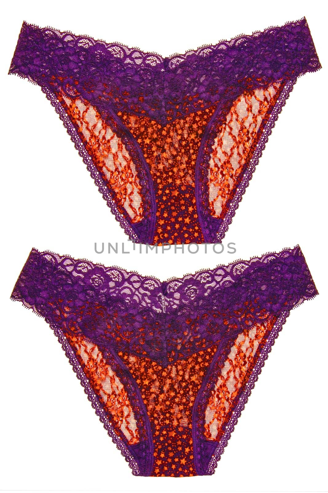 Underwear woman isolated. Set of luxurious elegant pink lacy thongs panties with colorful orange stars pattern isolated. Clipping path. Macro. Underwear fashion.Two views.