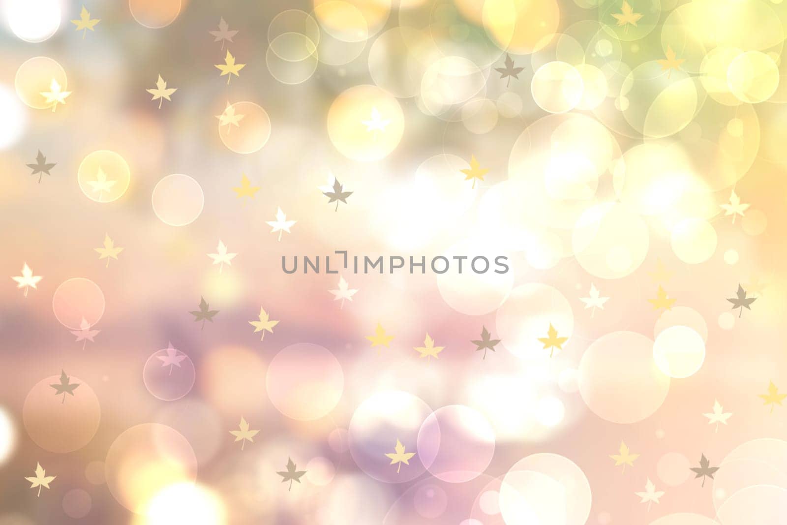 Abstract autumn gradient gold yellow green bright background texture with leaves and bokeh circles. Indian summer. Card design with space. Beautiful backdrop.