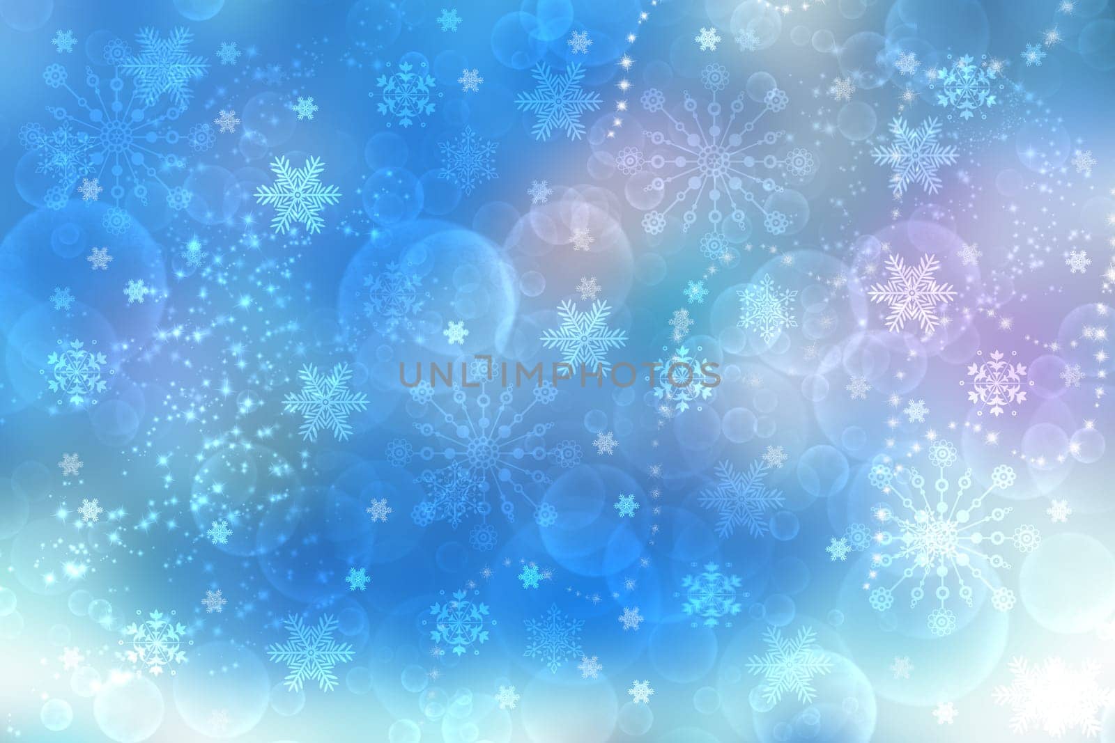Abstract blurred festive light blue winter christmas or Happy New Year background texture with shiny blue and white bokeh lighted glittering snowflakes and stars. Space for your design. Card concept.