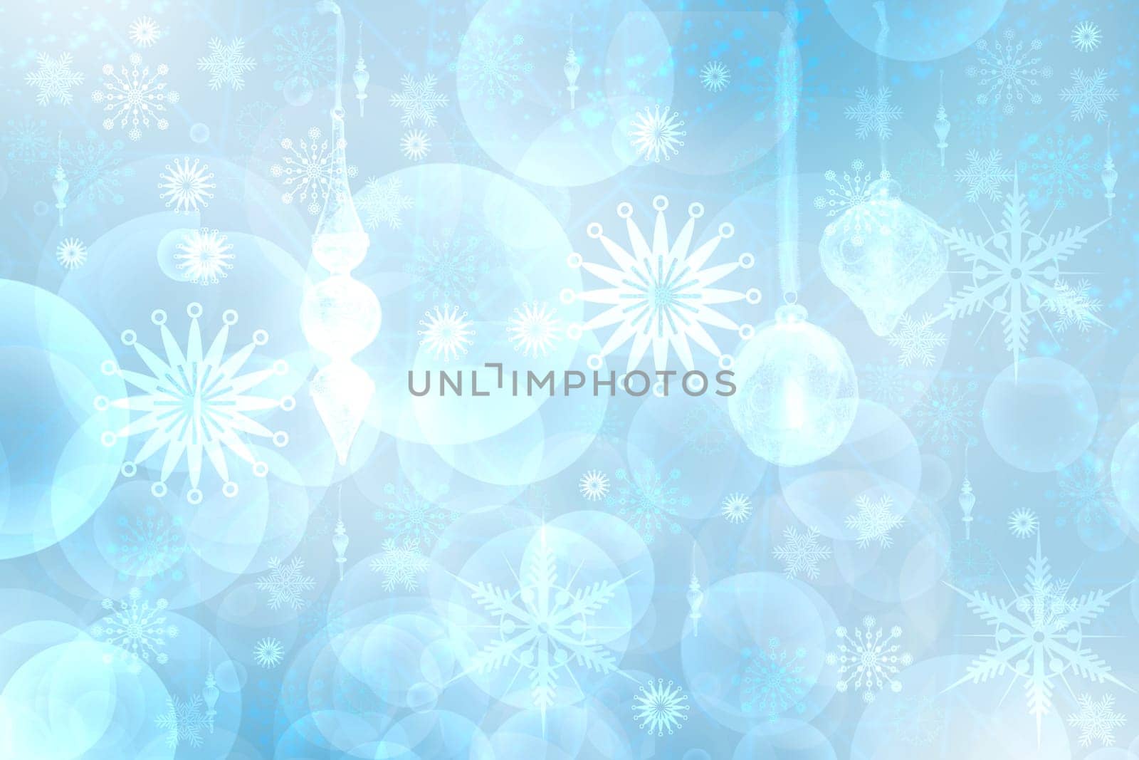 Abstract blurred festive delicate winter christmas or Happy New Year background texture with shiny light turquoise blue and bright bokeh lighted stars and snowflakes. Card concept.