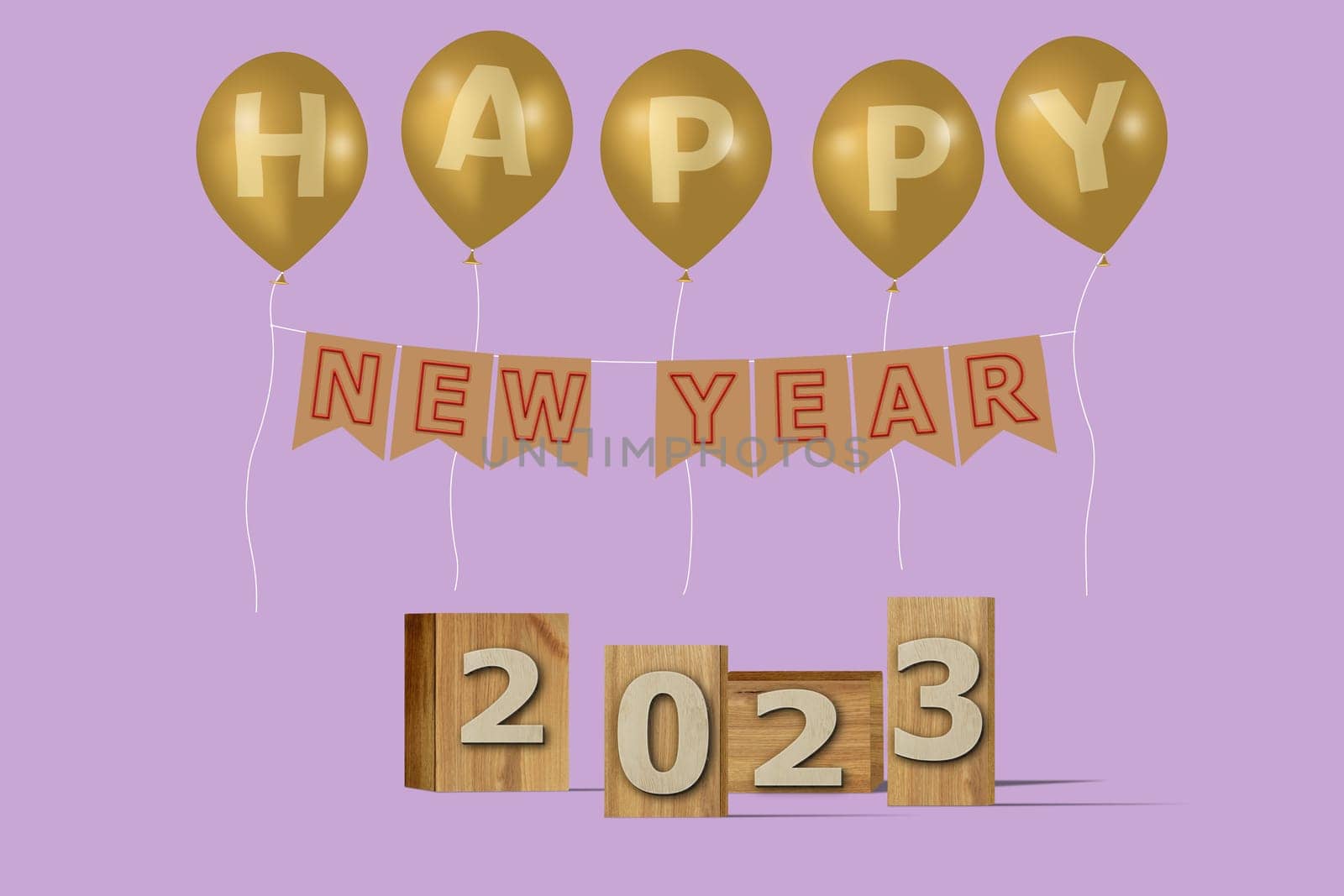3D illustration New Year concept 2023 design with text on the wooden box and balloons on a purple rose color background.