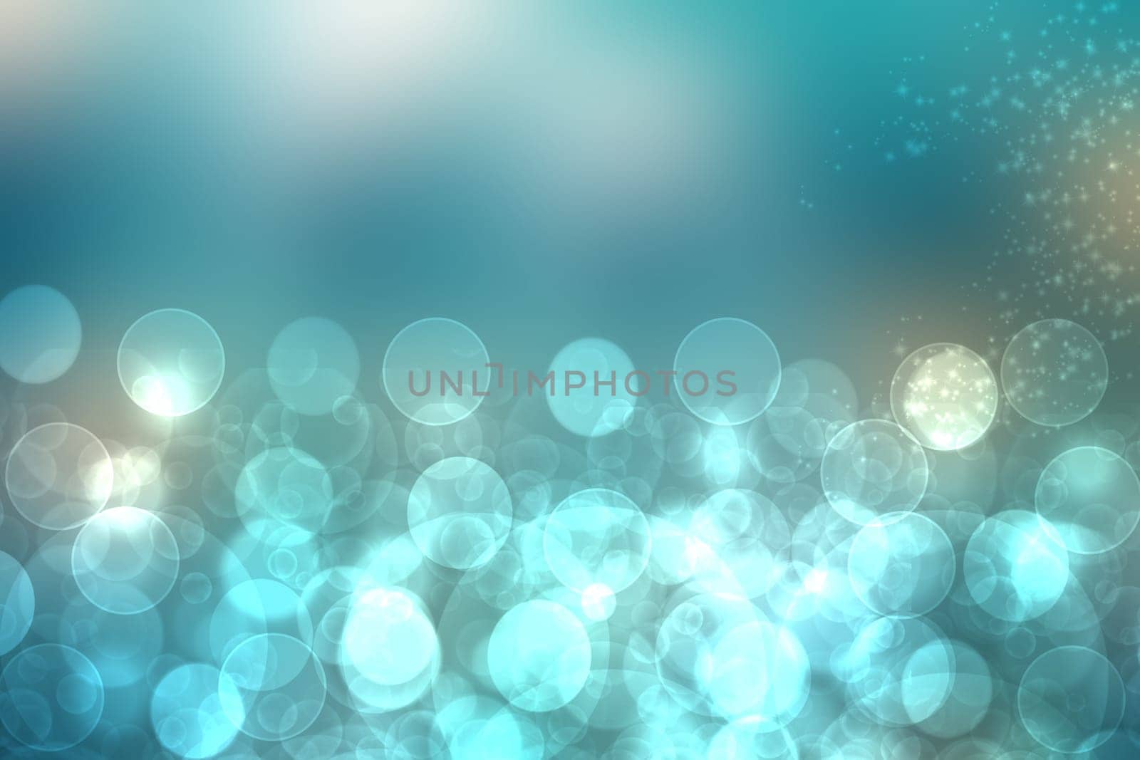 Abstract underwater illustration. Beautiful abstract gradient turquoise blue white lightening bokeh circles background texture from unterwater bubbles. Beautiful blue pastel backdrop.