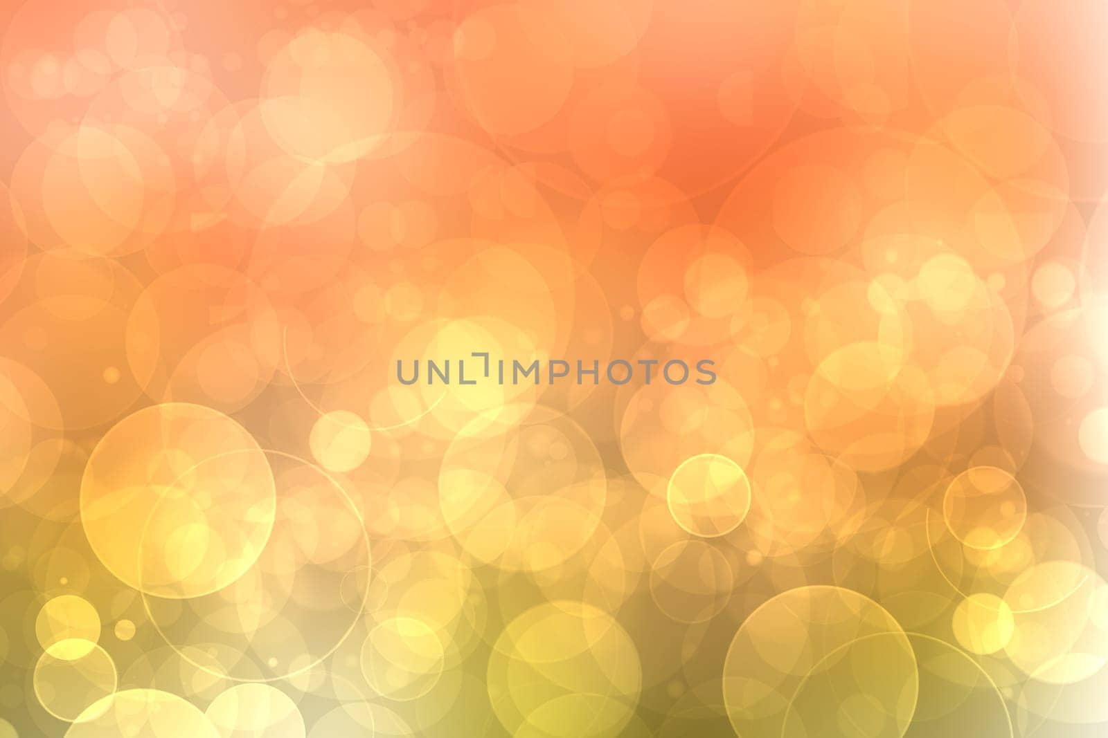 Abstract bright gradient orange yellow gold autumn background texture with sunny lights and bokeh circles. Space for your design. Beautiful orange illustration.