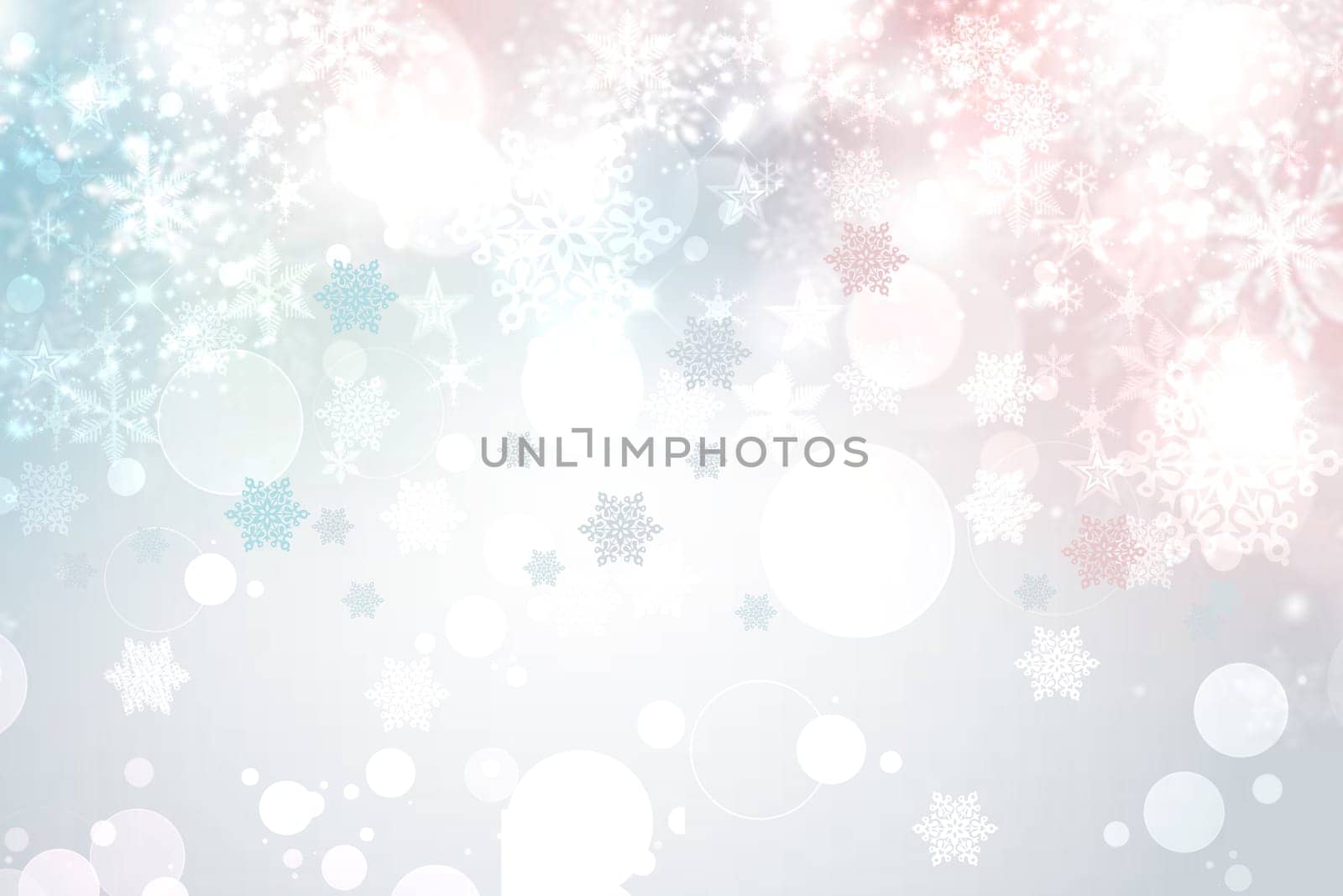 Abstract blurred festive delicate winter christmas or Happy New Year background with shiny blue pink and white bokeh lighted stars. Space for your design. Card concept.