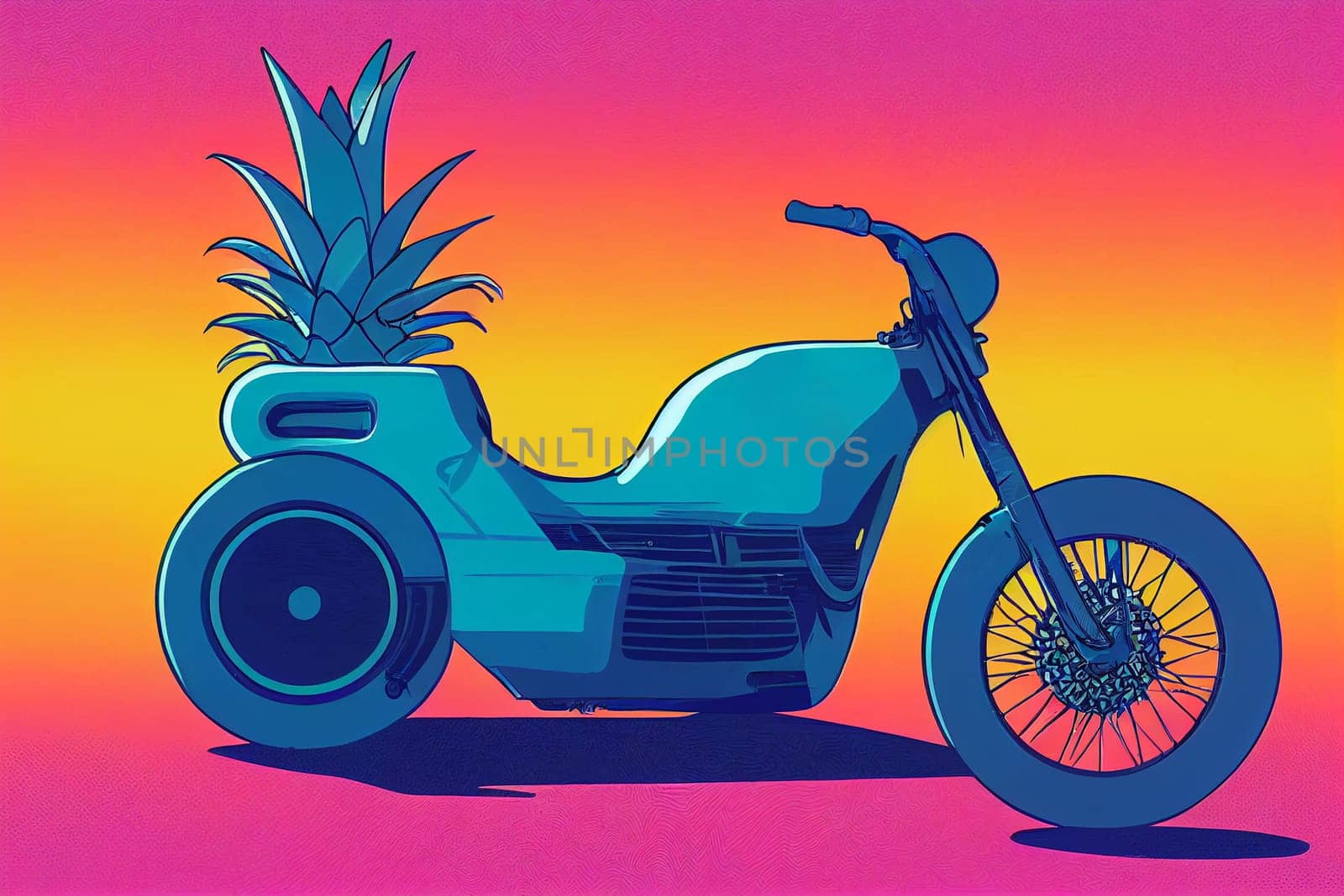 Motorcycle with a pineapple, , 80s retrowave style, summer holiday feeling, vibrant colours